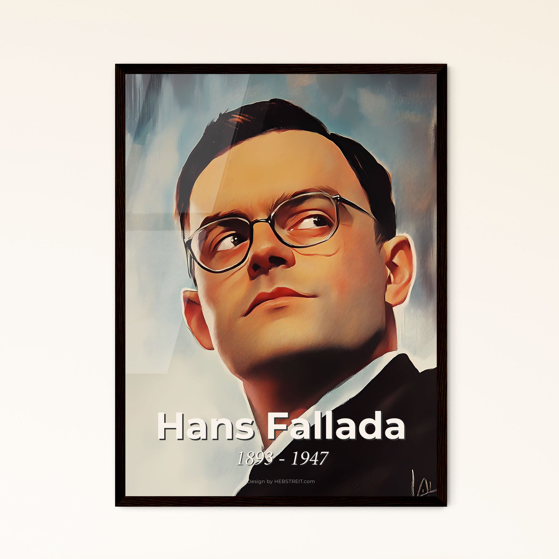 Portrait of Hans Fallada, 1893 - 1947. Impressionistic painting of a man looking up with glasses.