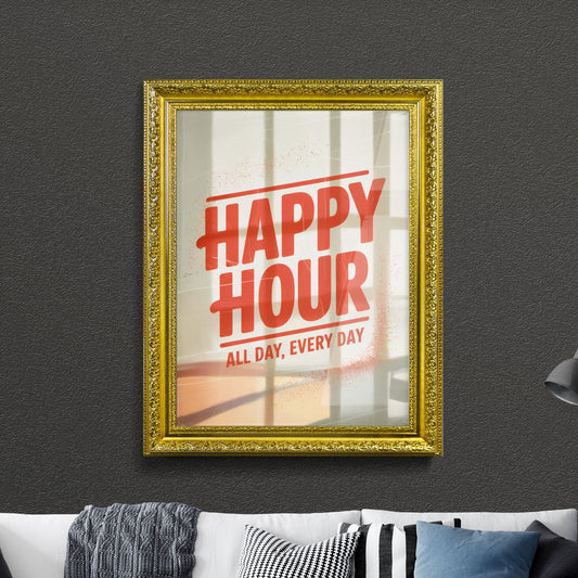Happy Hour Announcement Sign in Bright Colors for Everyday Special Promotions in a Cozy Setting.