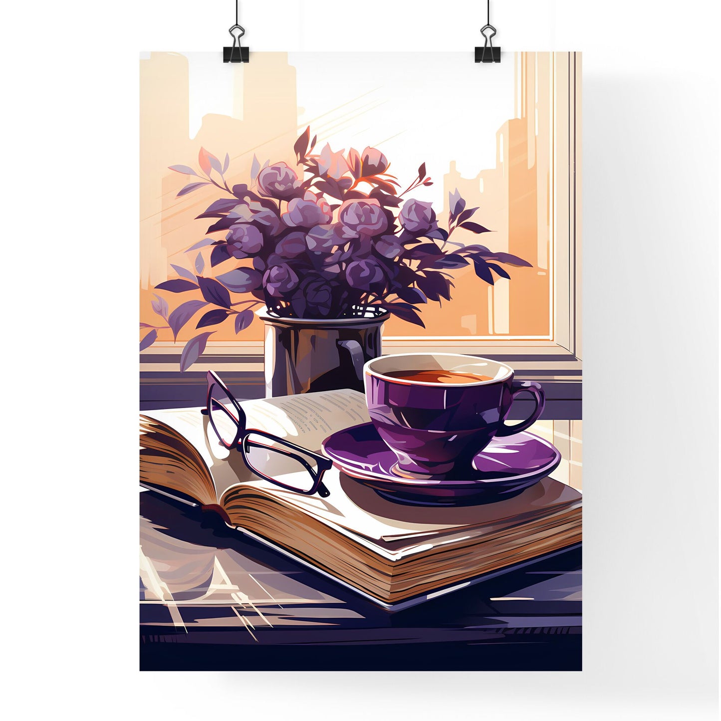 Happy woman reading book minimalist flat iconic cartoon drawing retro purple teacup glasses Default Title