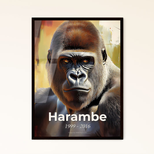 Portrait of Harambe, 1999 - 2016. Impressionistic painting of a gorilla looking at the camera.