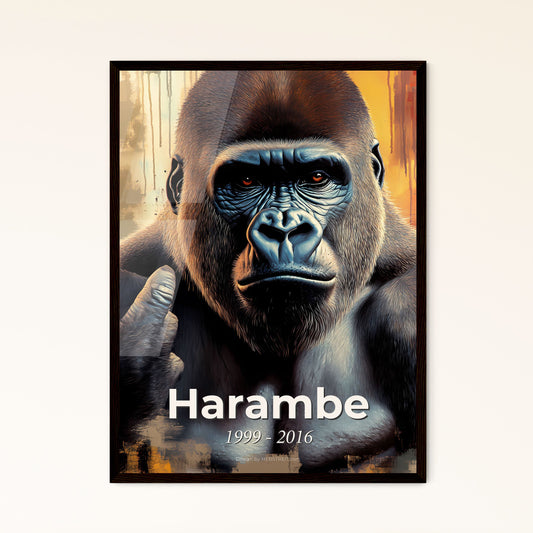 Portrait of Harambe, 1999 - 2016. Impressionistic painting of a gorilla with a hand gesture.