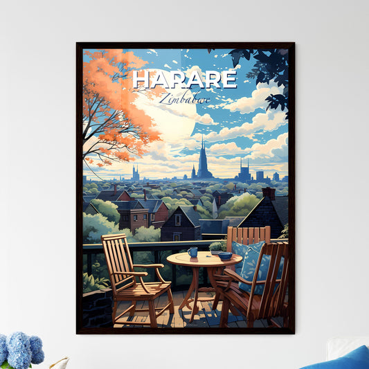 Vibrant Painting: Harare City Skyline in Zimbabwe - Table and Chairs on Balcony with Colorful Art Default Title