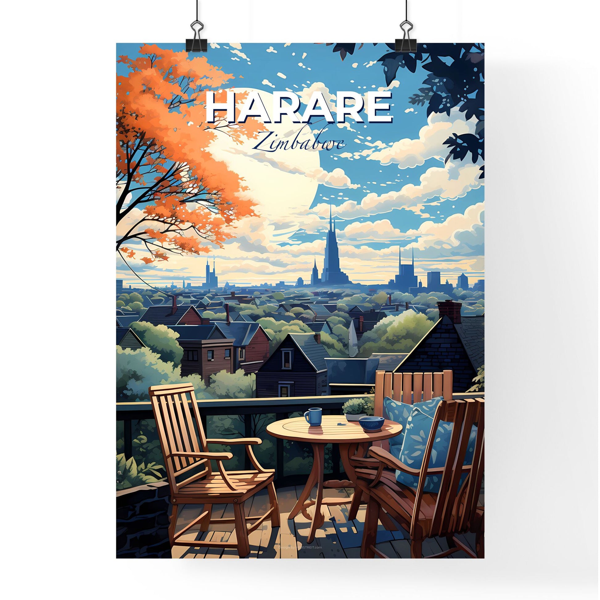 Vibrant Painting: Harare City Skyline in Zimbabwe - Table and Chairs on Balcony with Colorful Art Default Title