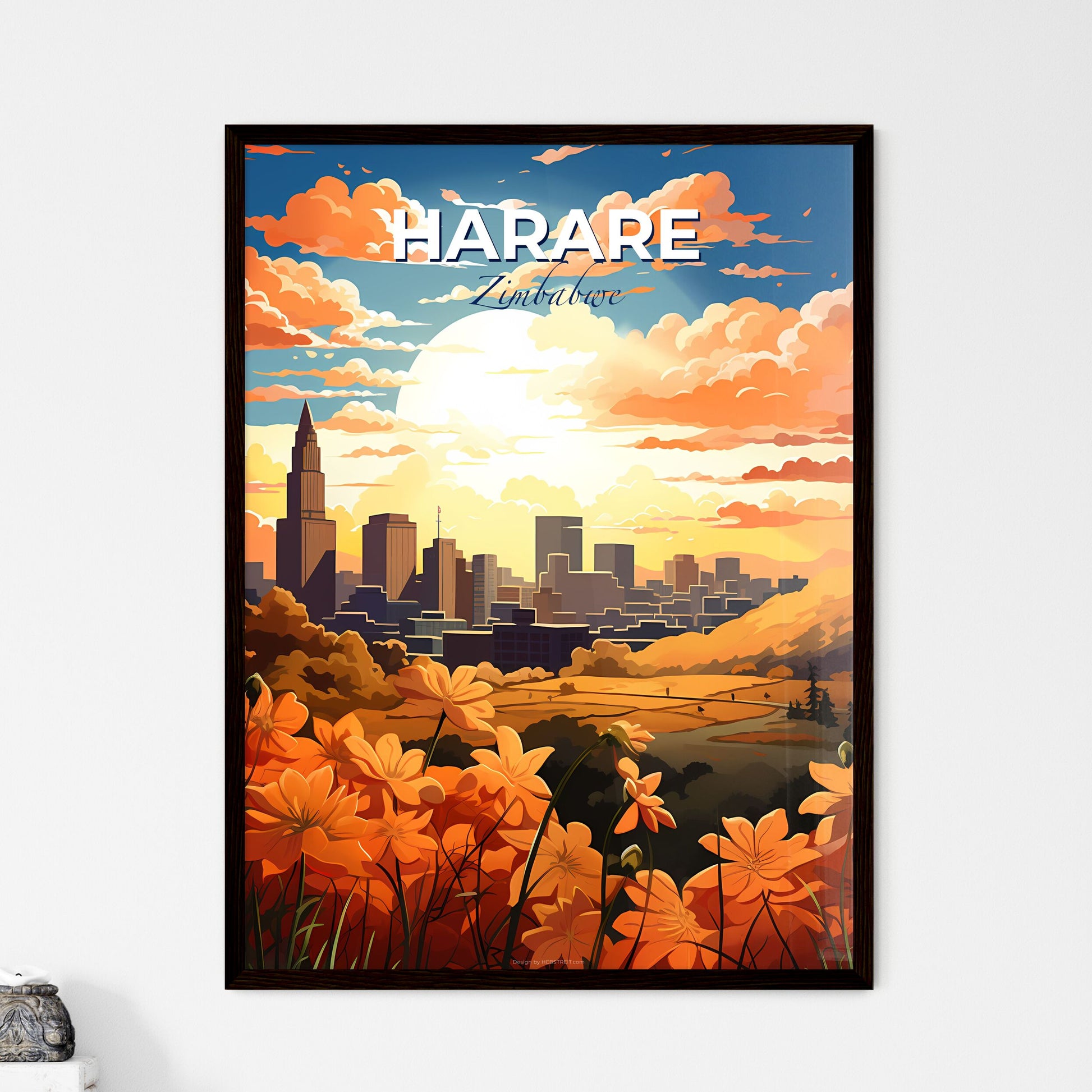 Harare Zimbabwe Cityscape Orange Flowers Skyline City Art Painting Vibrant Landscape Default Title