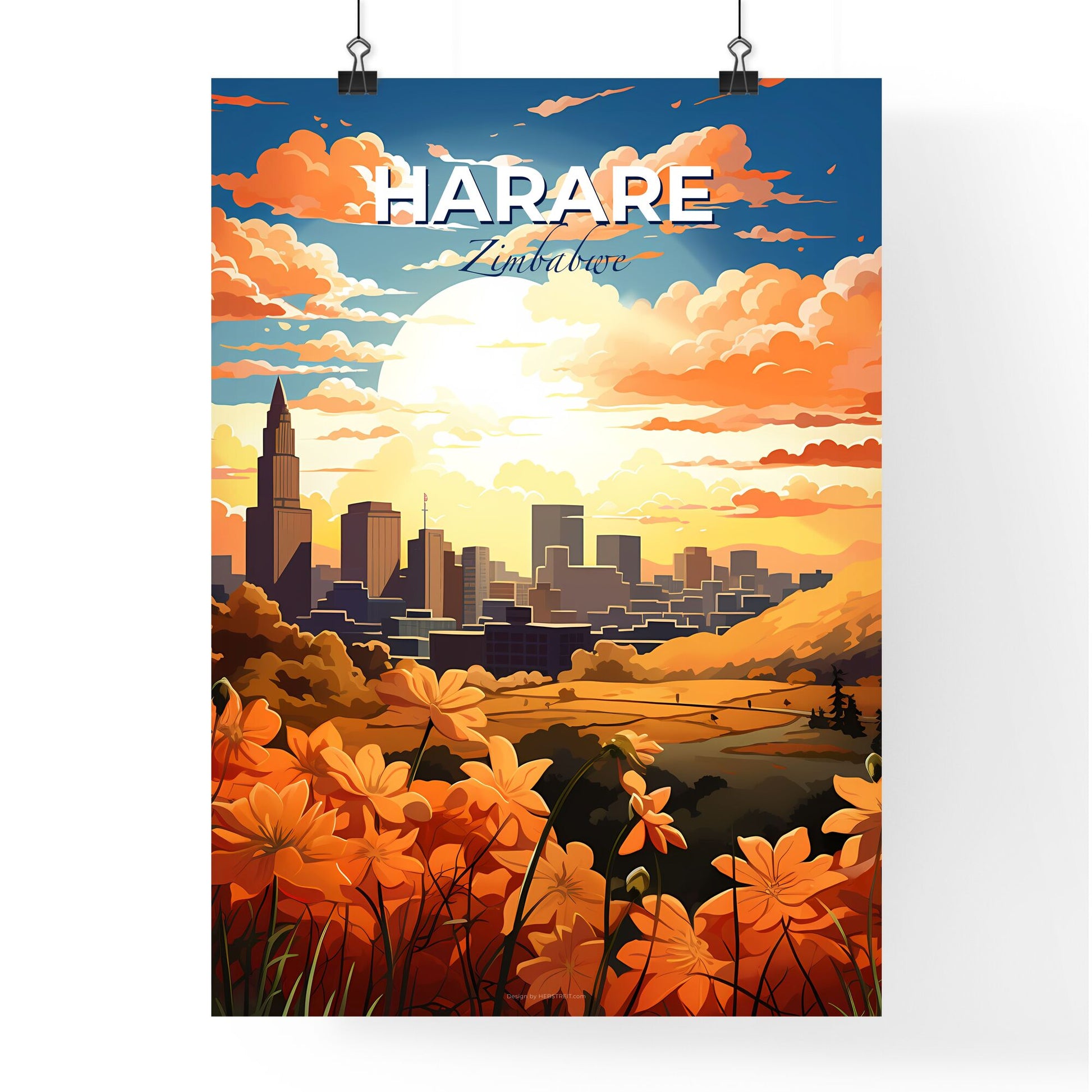 Harare Zimbabwe Cityscape Orange Flowers Skyline City Art Painting Vibrant Landscape Default Title