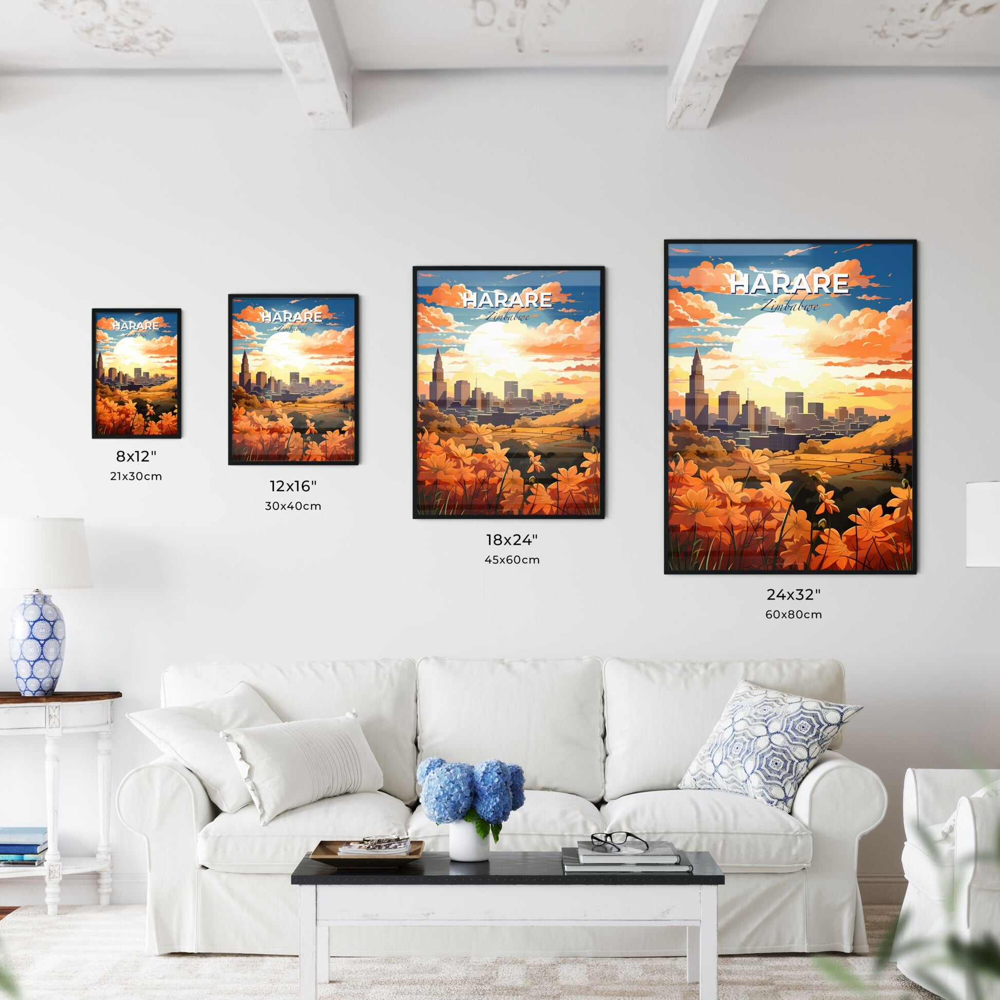 Harare Zimbabwe Cityscape Orange Flowers Skyline City Art Painting Vibrant Landscape Default Title