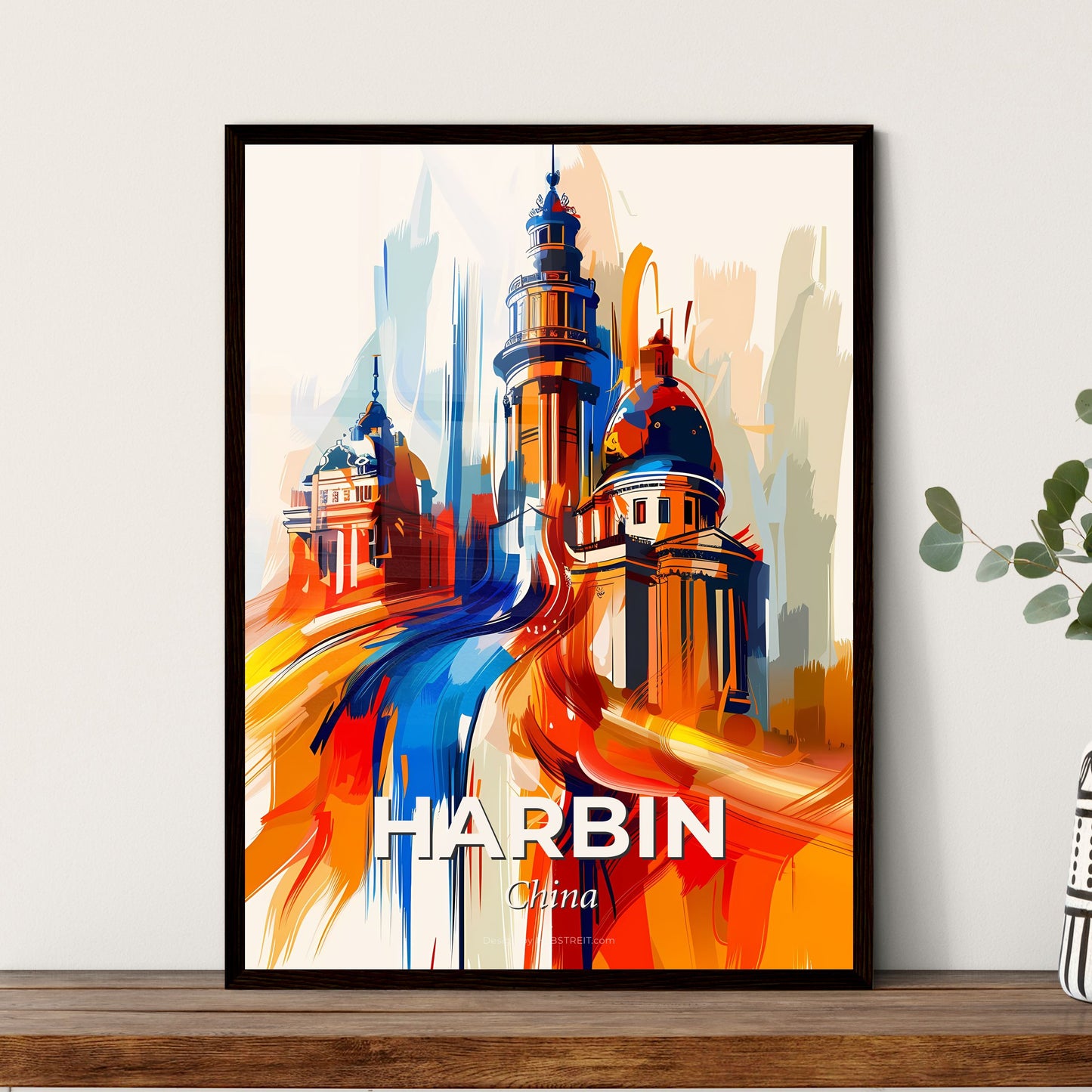 Vibrant Harbin, China - A Painting Of A Building With Towers And A River