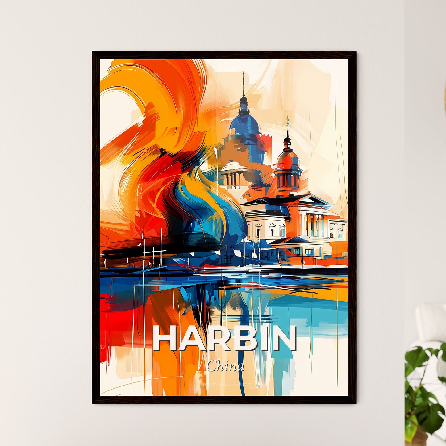 Vibrant Harbin, China - A Painting Of A Building With A Colorful Background