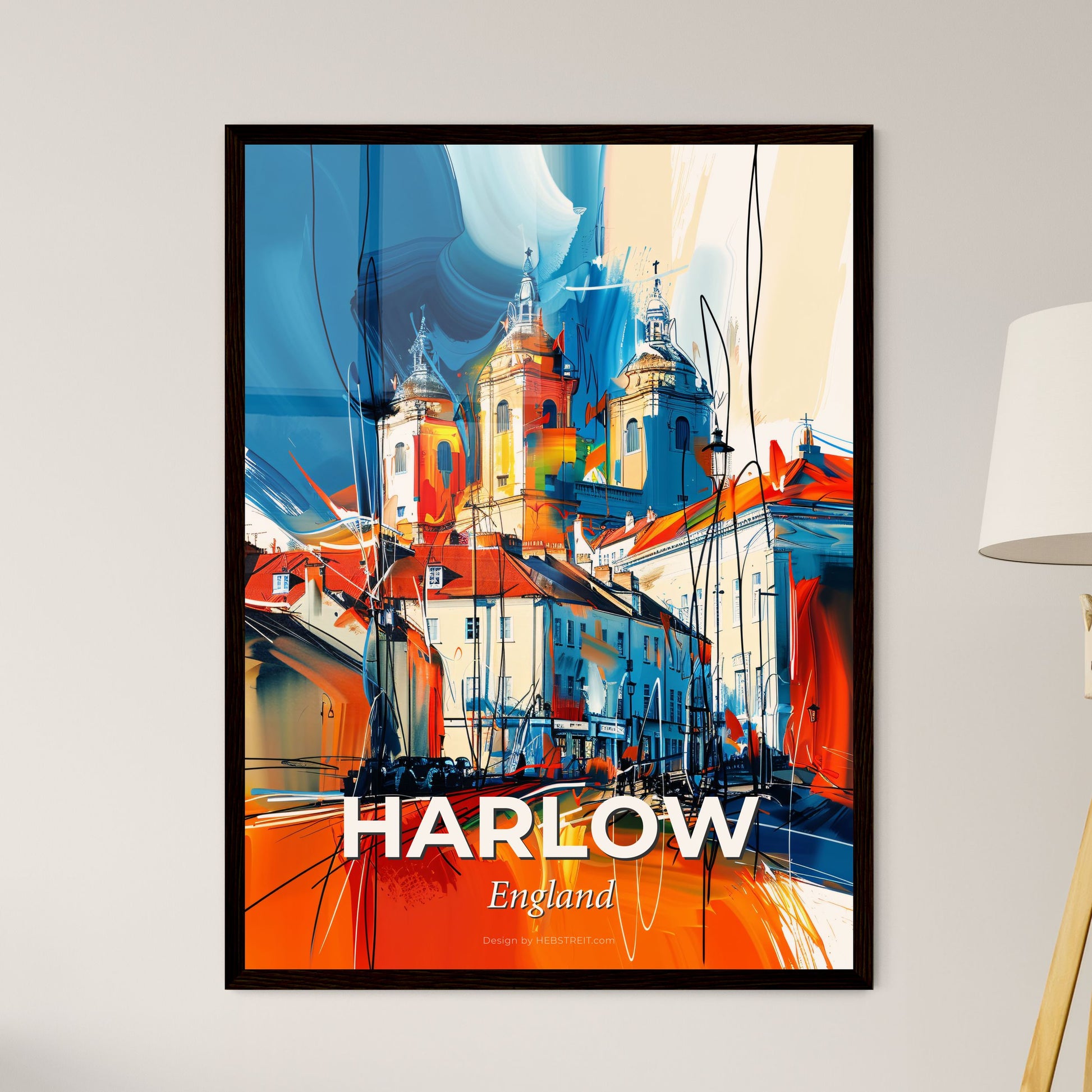 Vibrant Harlow, England - A Painting Of A Skyline With A Colorful Building