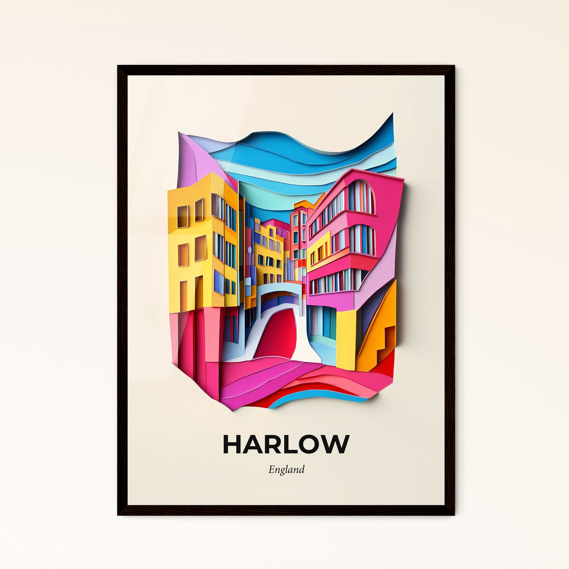 Vivid Harlow, England - a paper cut of a city with buildings