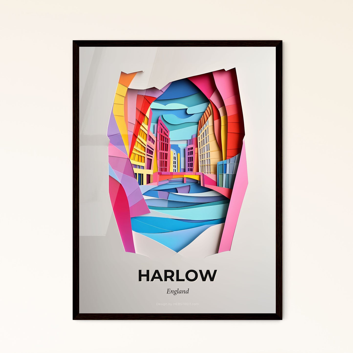 Vivid Harlow, England - a paper cut of a city with a river