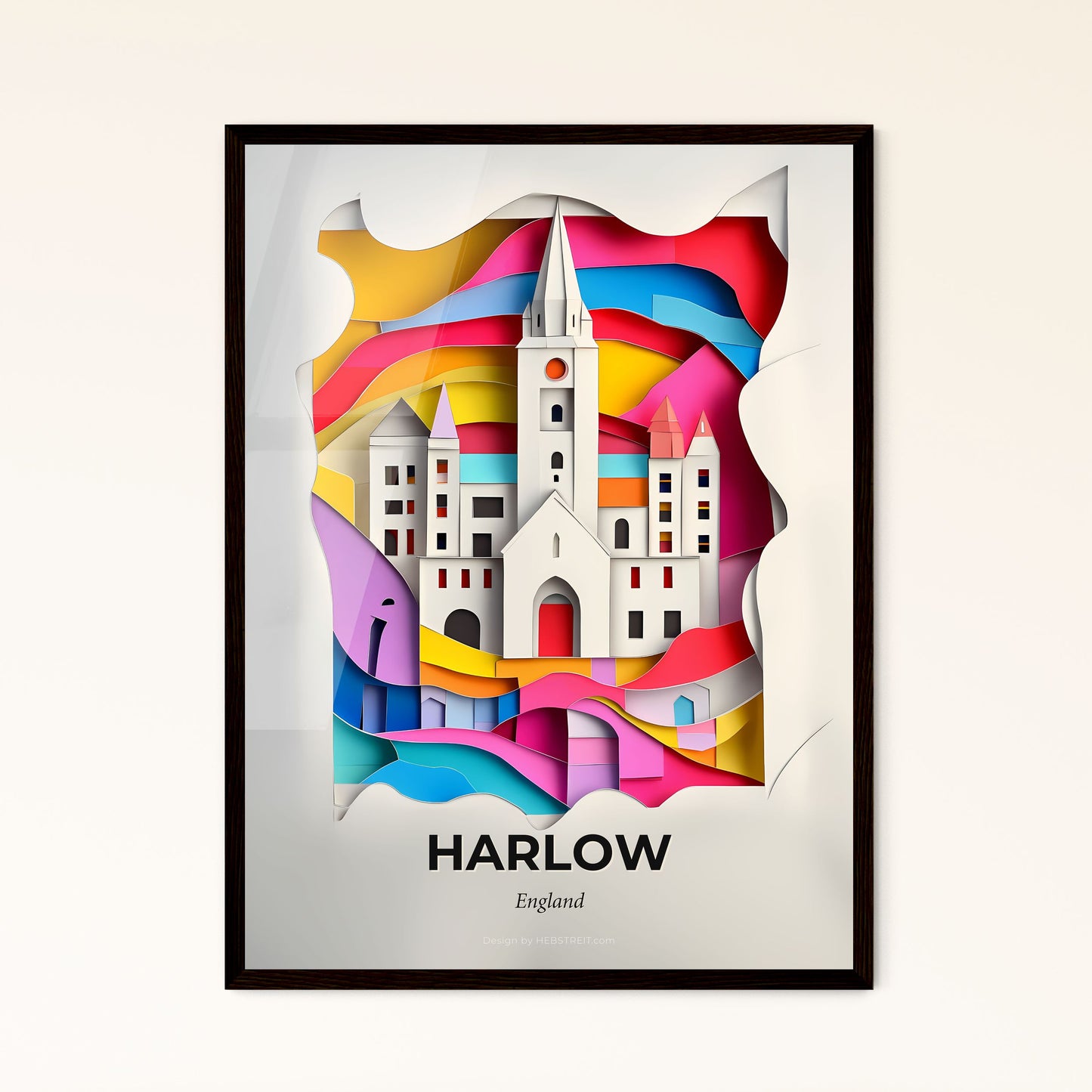 Vivid Harlow, England - a paper cut of a church with a clock tower