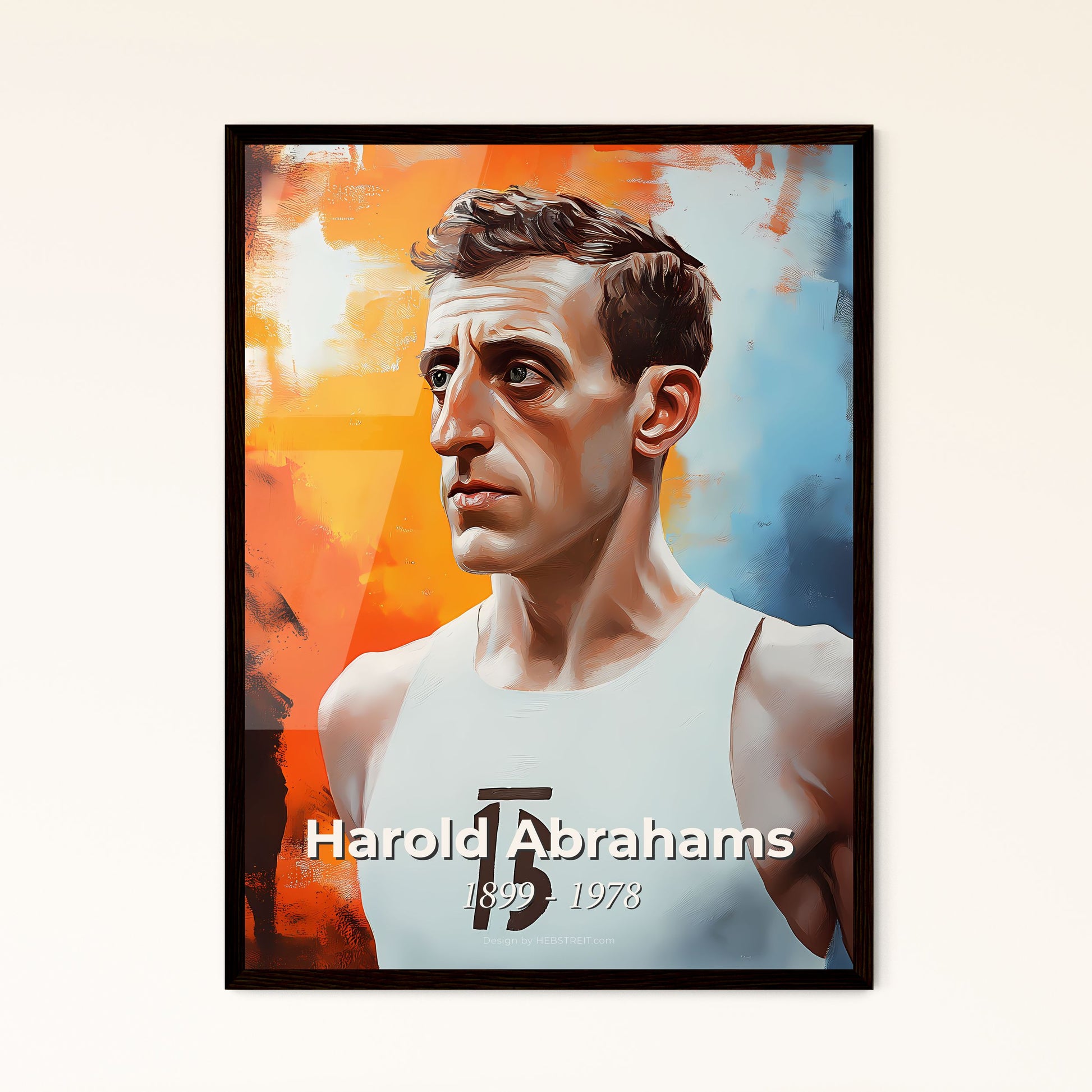 Portrait of Harold Abrahams, 1899 - 1978. Impressionistic painting of a man in a tank top.