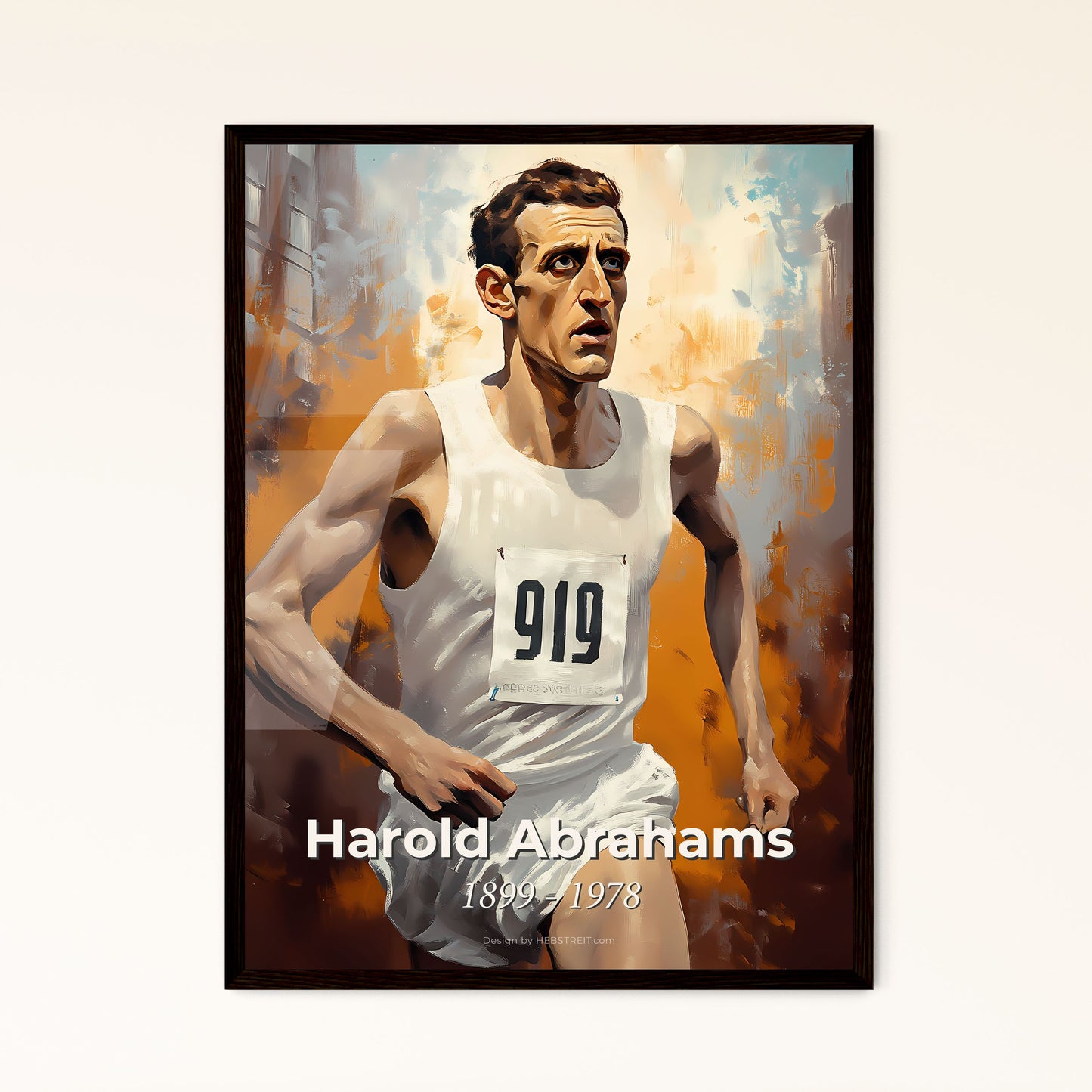 Portrait of Harold Abrahams, 1899 - 1978. Impressionistic painting of a man running in a race.