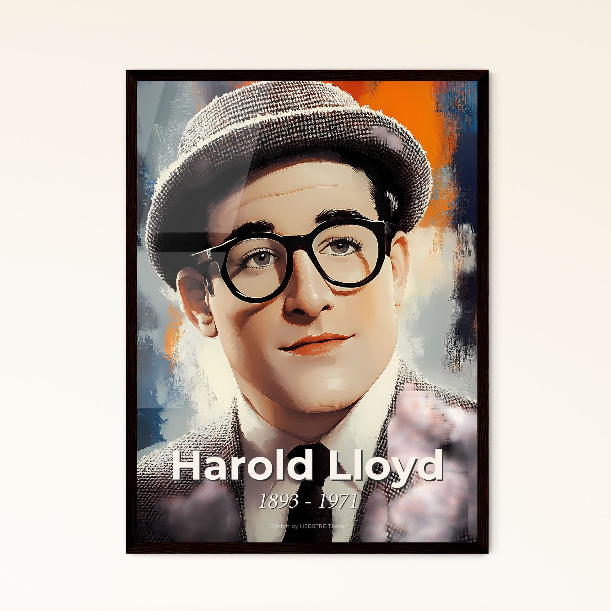 Portrait of Harold Lloyd, 1893 - 1971. Impressionistic painting of a man wearing glasses and a hat.