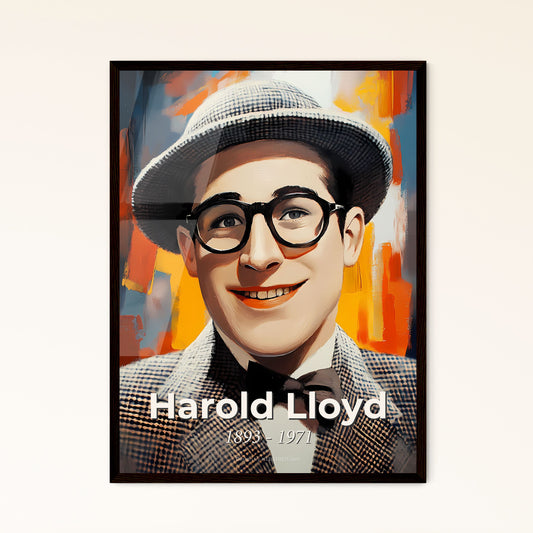 Portrait of Harold Lloyd, 1893 - 1971. Impressionistic painting of a man wearing glasses and a hat.