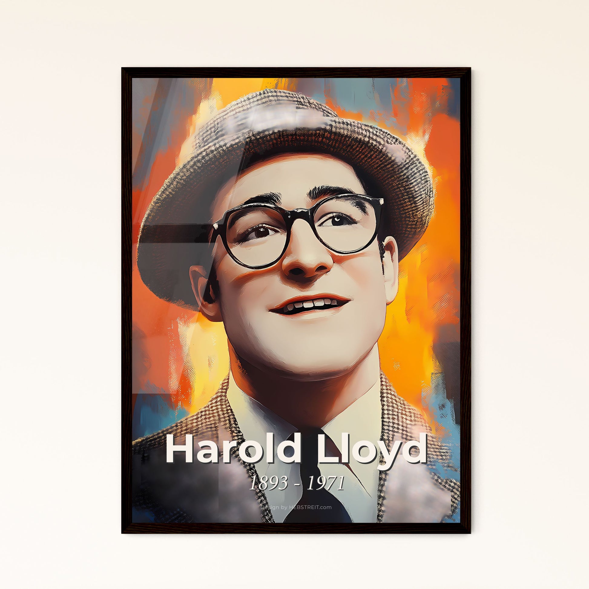 Portrait of Harold Lloyd, 1893 - 1971. Impressionistic painting of a man wearing glasses and a hat.