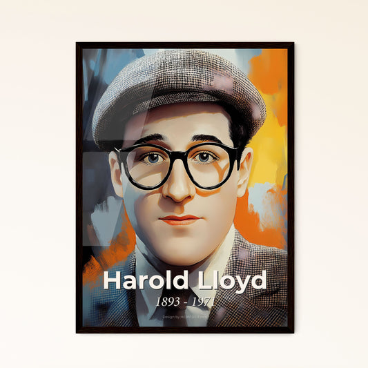 Portrait of Harold Lloyd, 1893 - 1971. Impressionistic painting of a man wearing glasses and a hat.