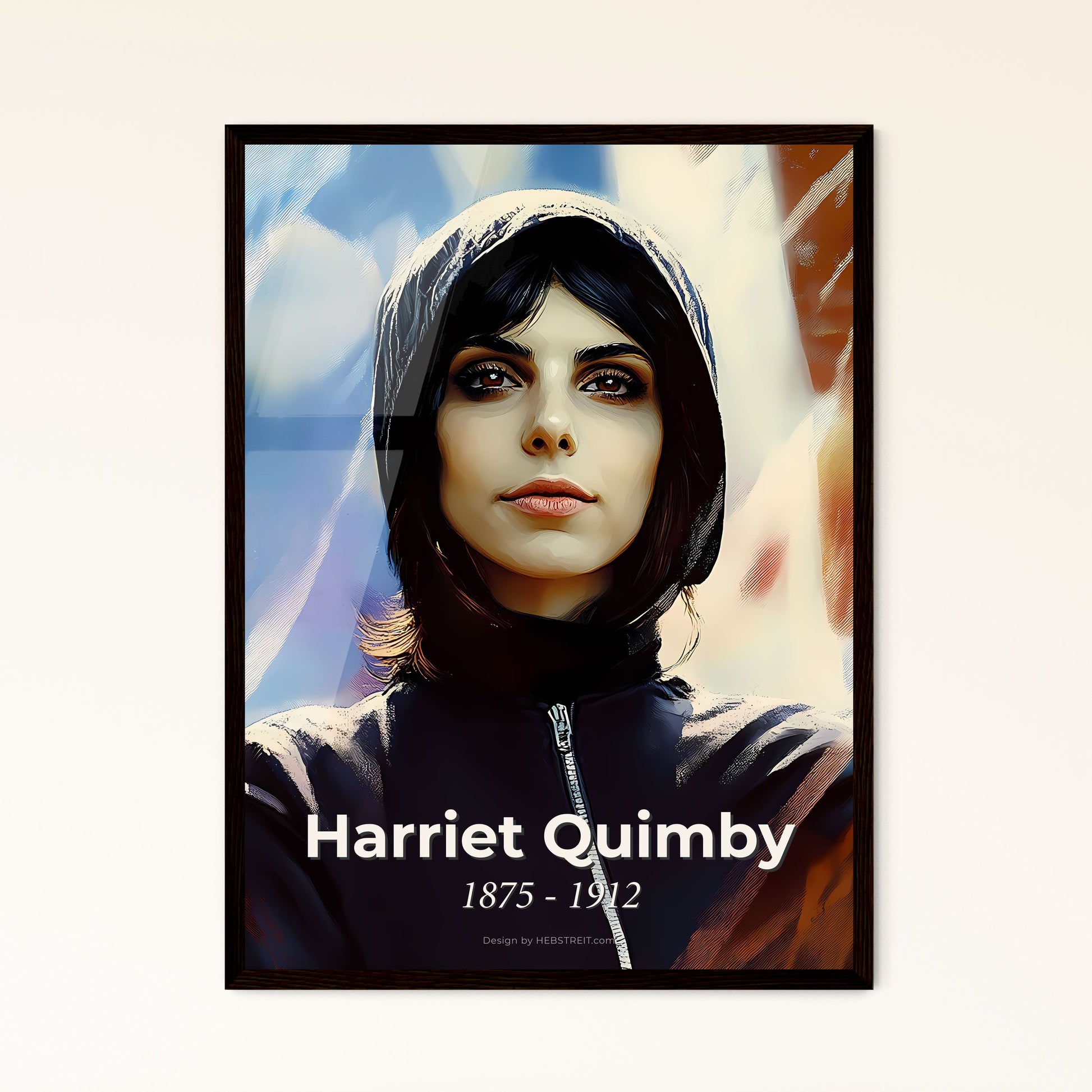 Portrait of Harriet Quimby, 1875 - 1912. Impressionistic painting of a woman with a hoodie.