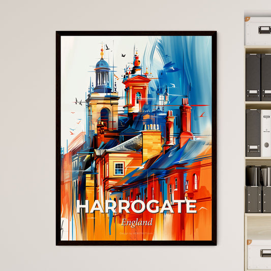 Vibrant Harrogate, England - A Painting Of A Building With Towers And Birds Flying