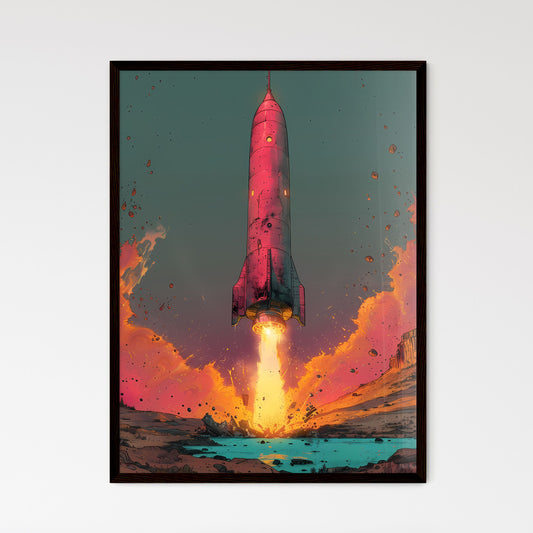 Neon Pink Oil-Painted 1960s Dystopian Comic Book Art: 1950s Rocket Plunging into Teal Gloss Pool, Set against Eerie 1980s Horror Sunset Default Title
