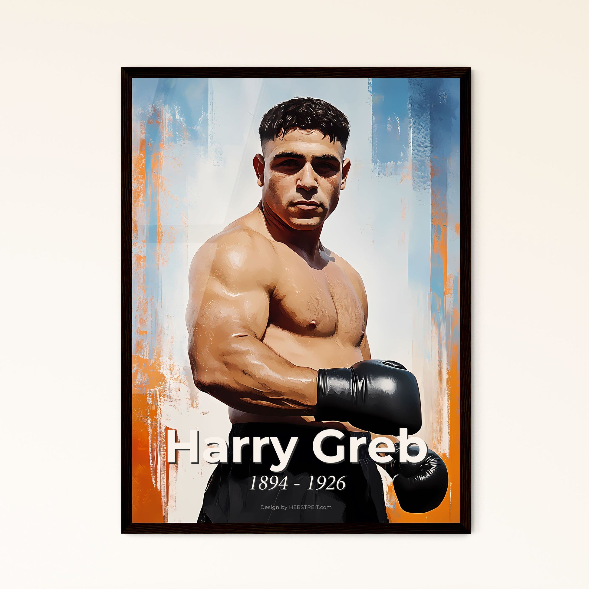 Portrait of Harry Greb, 1894 - 1926. Impressionistic painting of a man wearing boxing gloves.