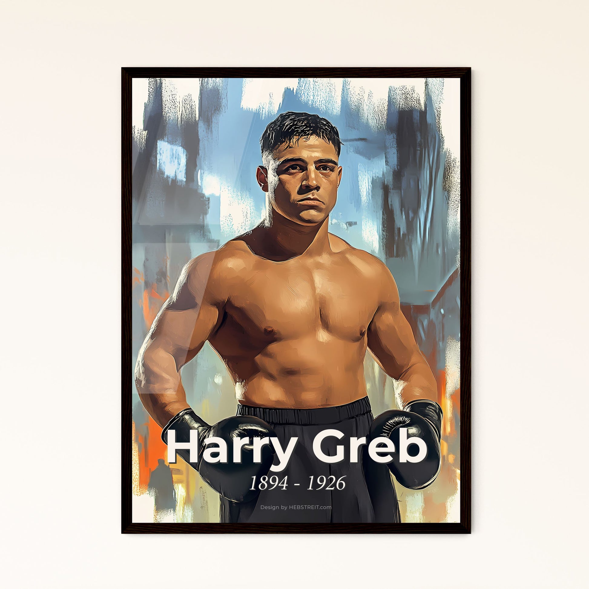 Portrait of Harry Greb, 1894 - 1926. Impressionistic painting of a man wearing boxing gloves.