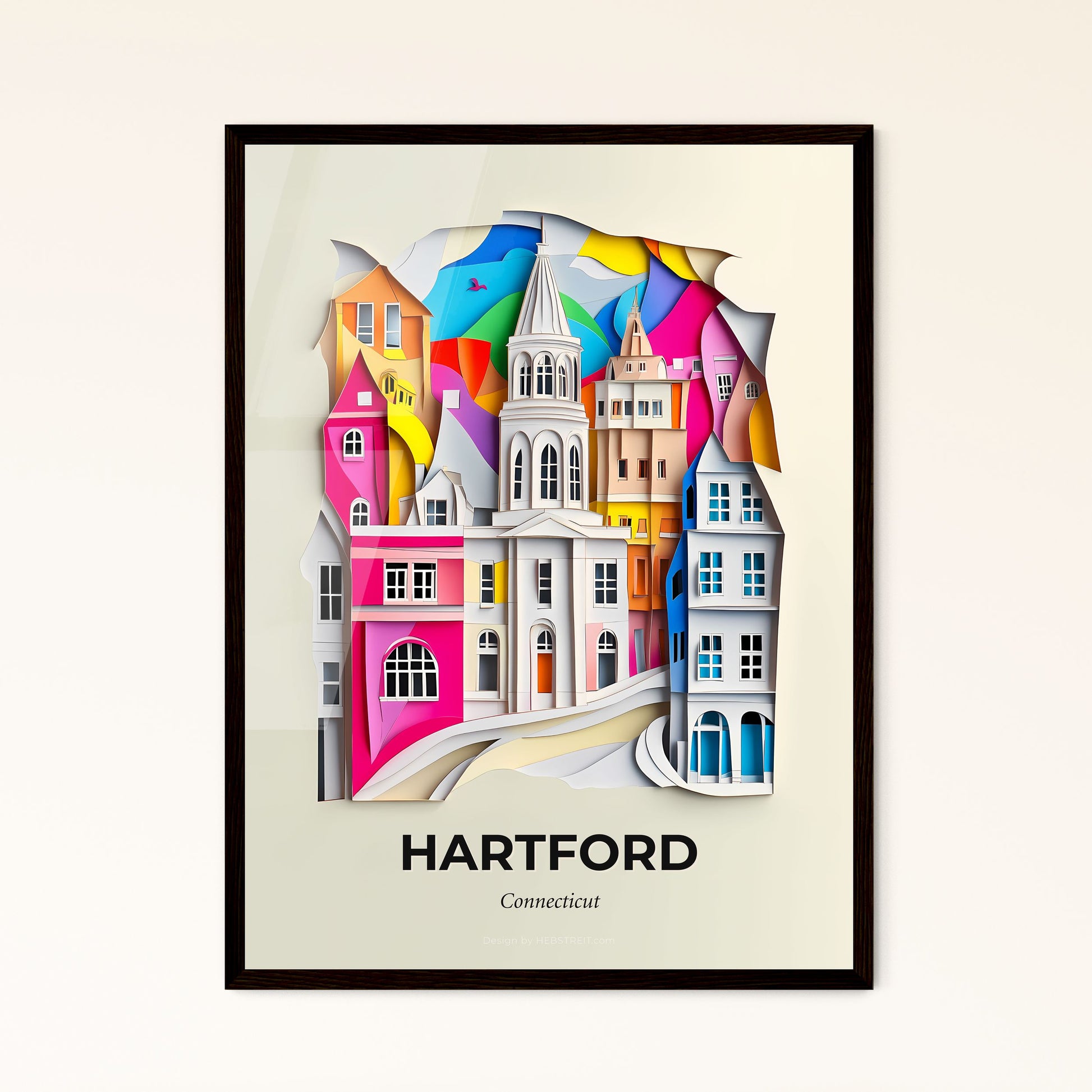 Vivid Hartford, Connecticut - a paper cut of a city with a clock tower