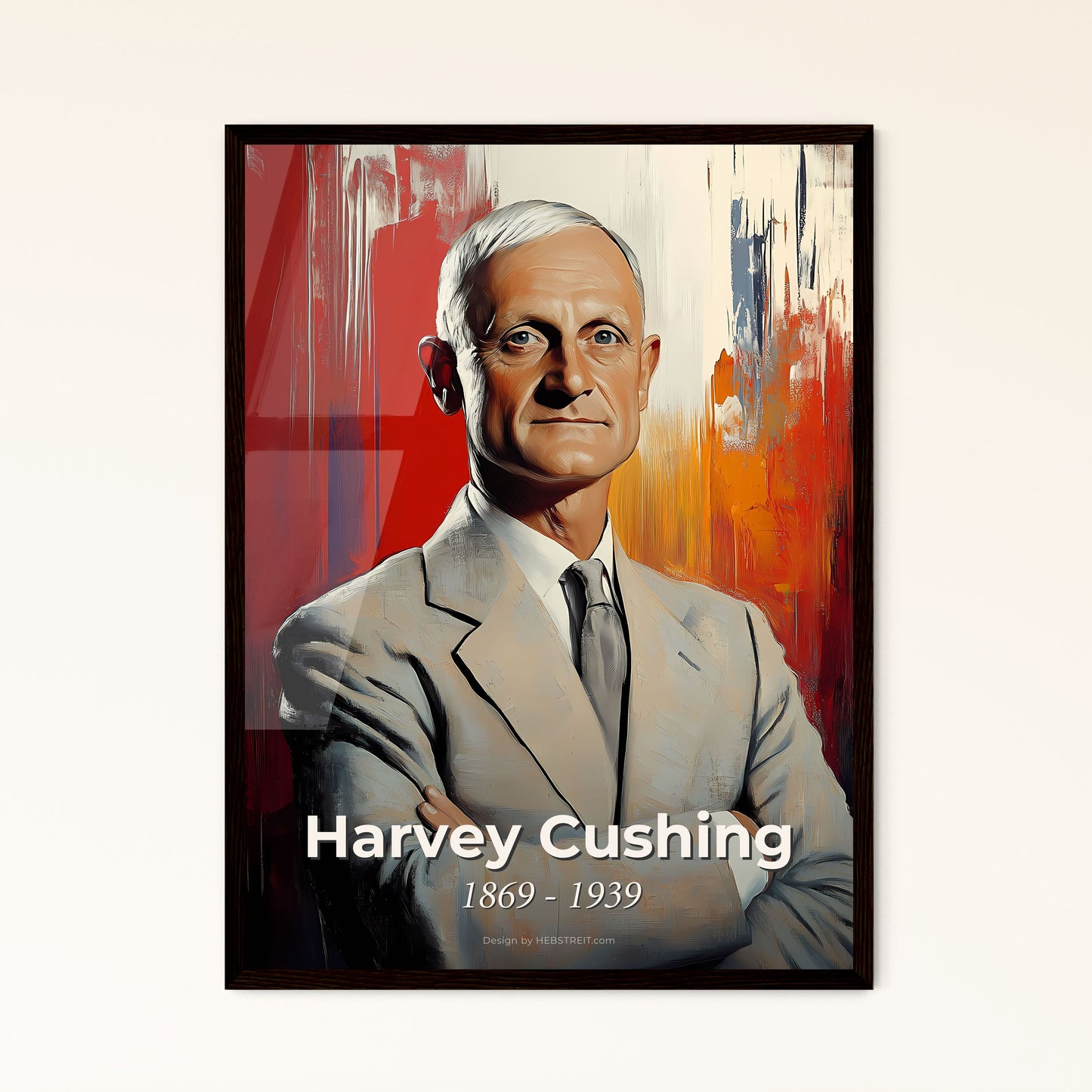 Portrait of Harvey Cushing, 1869 - 1939. Impressionistic painting of a man in a suit with his arms crossed.