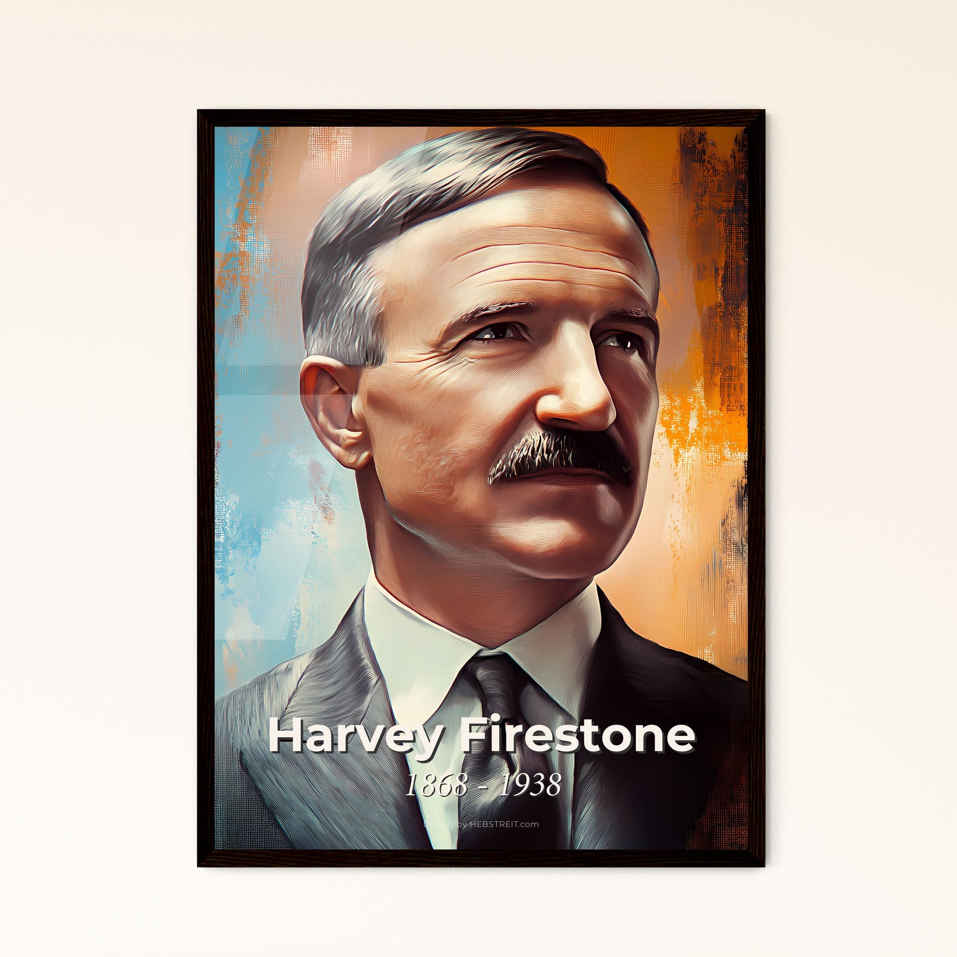 Portrait of Harvey Firestone, 1868 - 1938. Impressionistic painting of a man with a mustache.