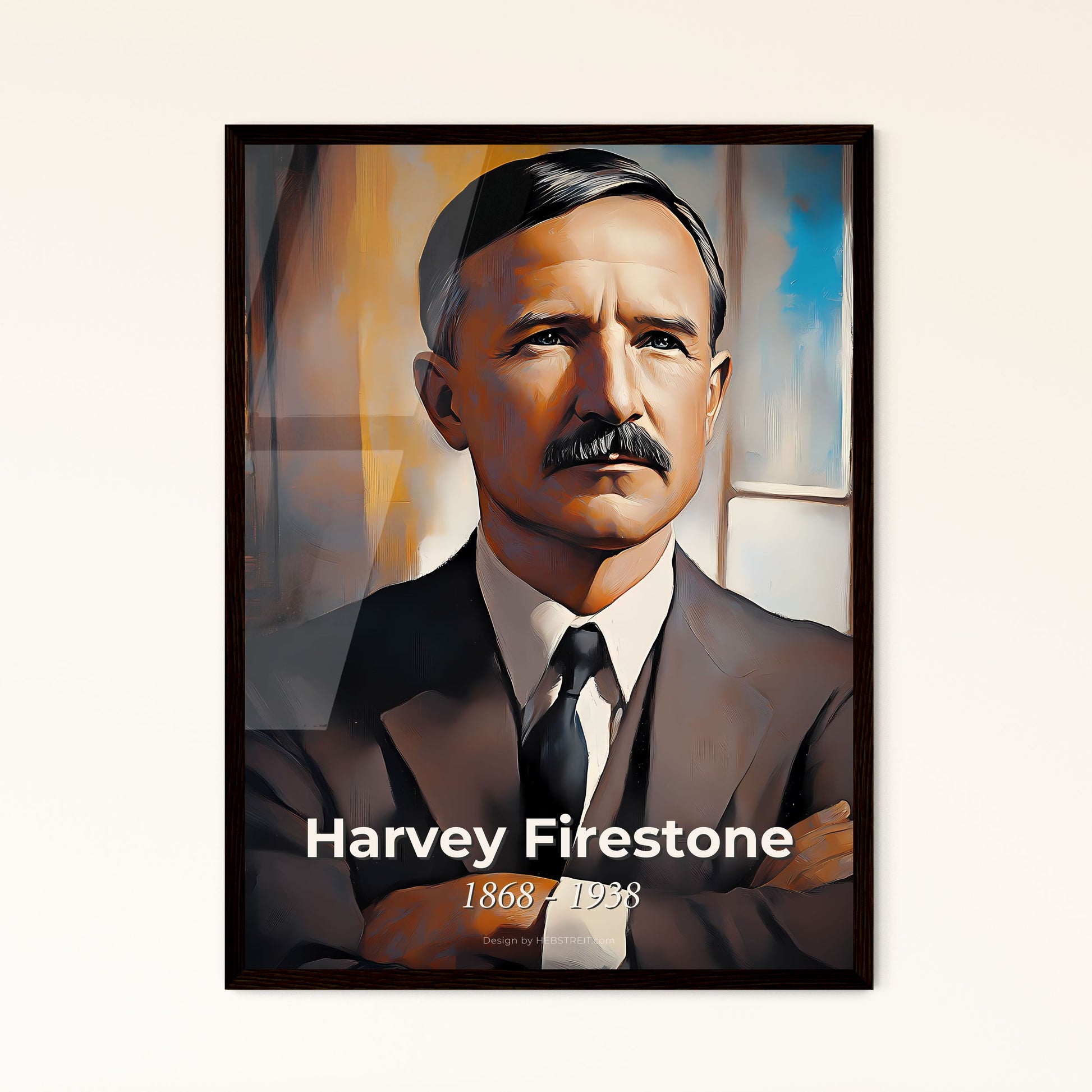 Portrait of Harvey Firestone, 1868 - 1938. Impressionistic painting of a man with a mustache and a suit.