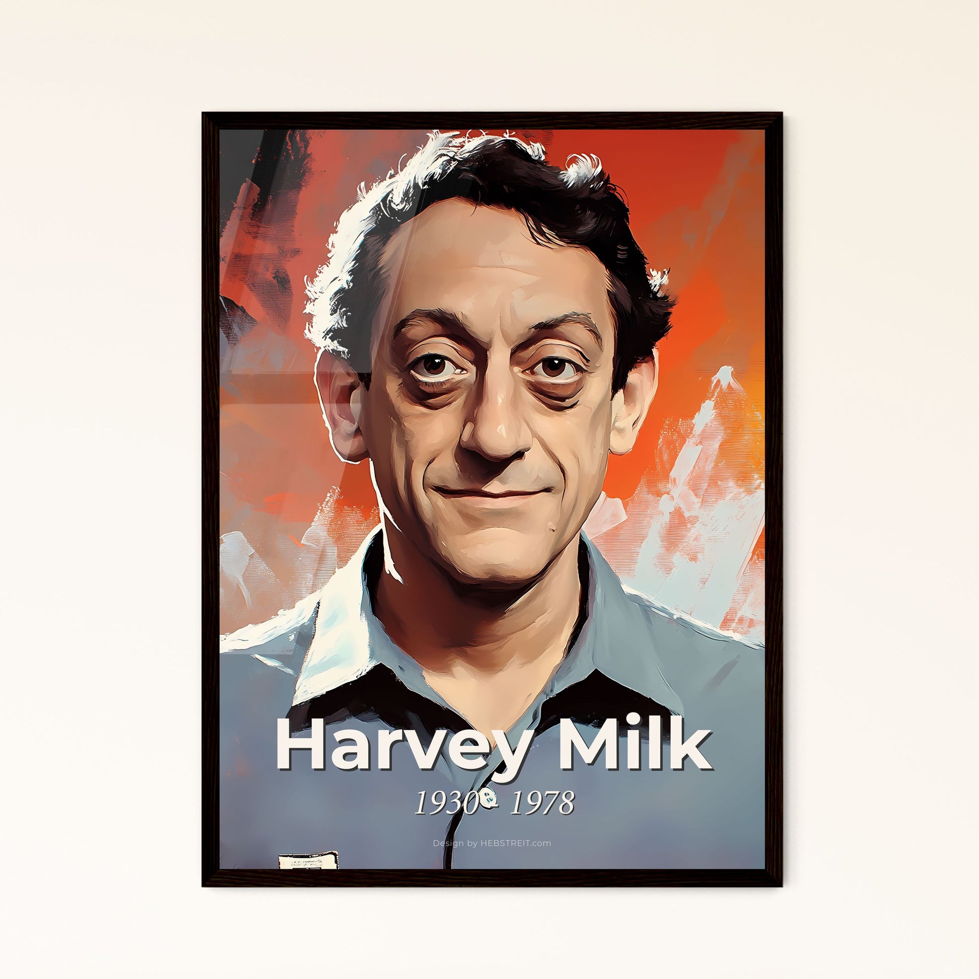 Portrait of Harvey Milk, 1930 - 1978. Impressionistic painting of a man in a blue shirt.