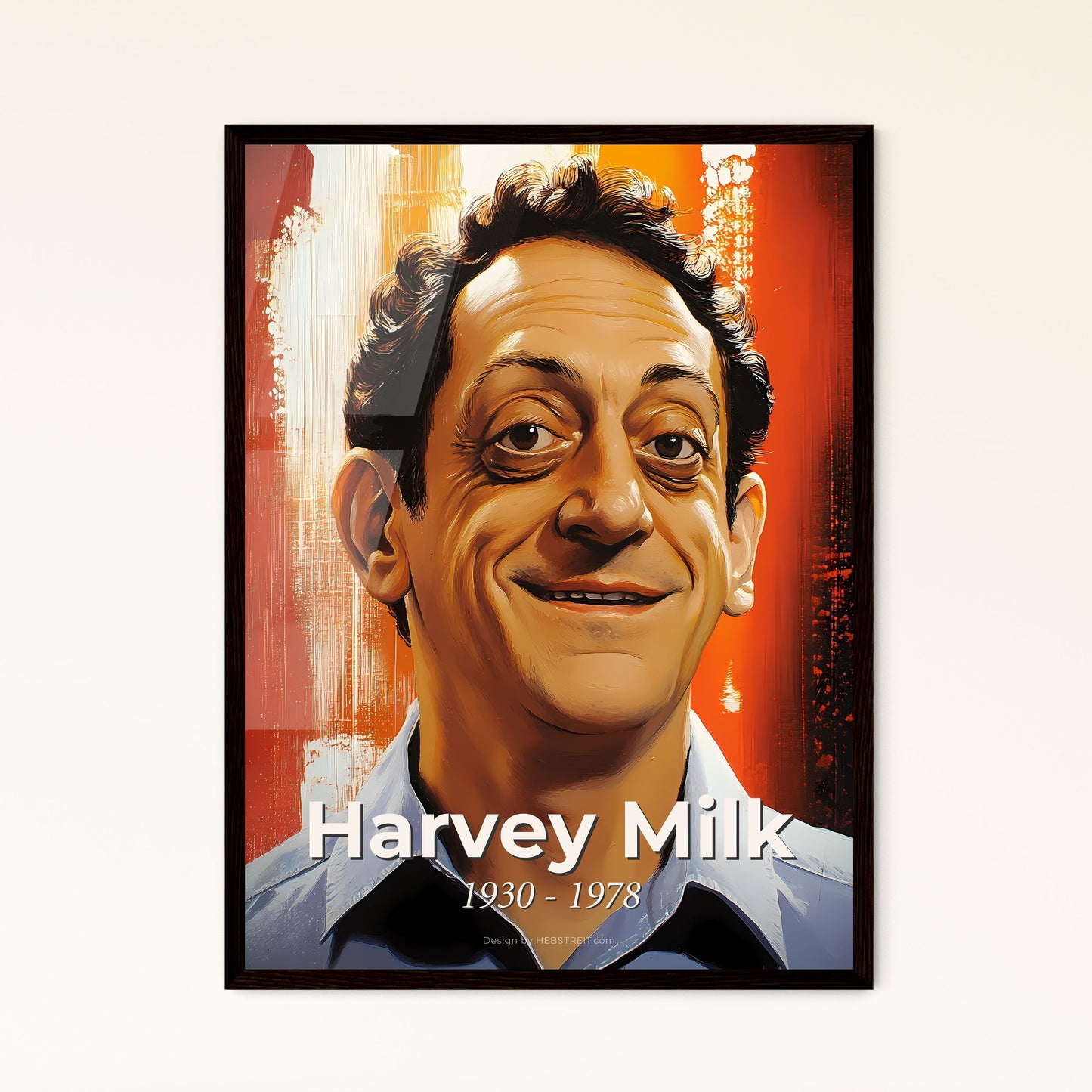 Portrait of Harvey Milk, 1930 - 1978. Impressionistic painting of a man smiling for the camera.