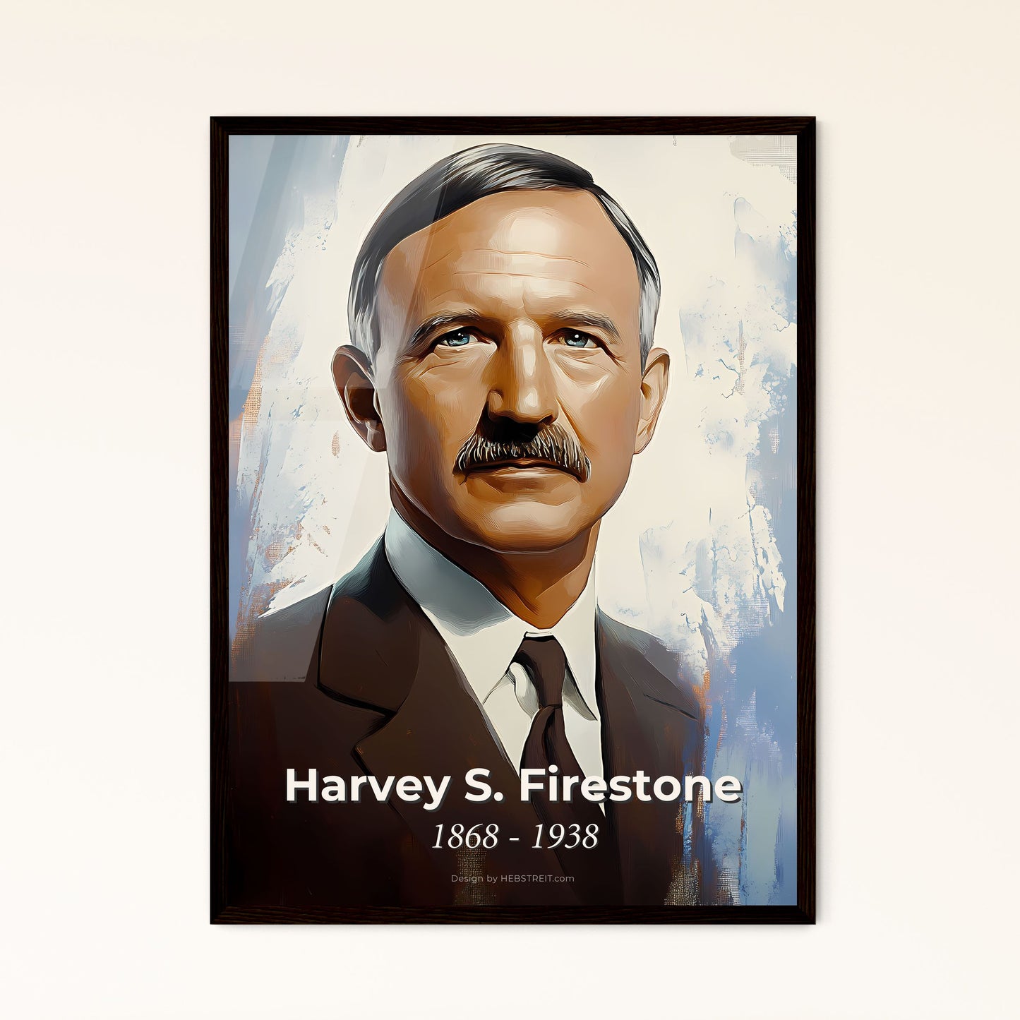 Portrait of Harvey S. Firestone, 1868 - 1938. Impressionistic painting of a man with a mustache wearing a suit and tie.