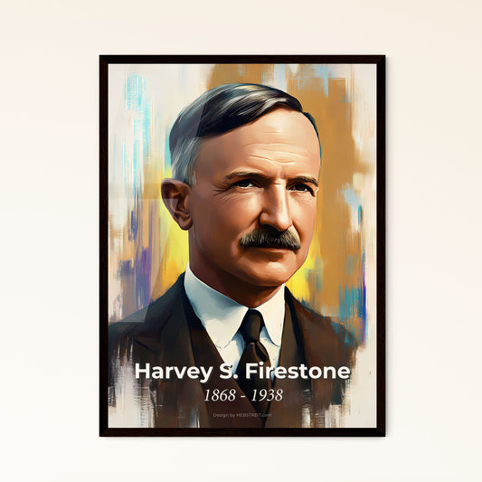 Portrait of Harvey S. Firestone, 1868 - 1938. Impressionistic painting of a man with a mustache.