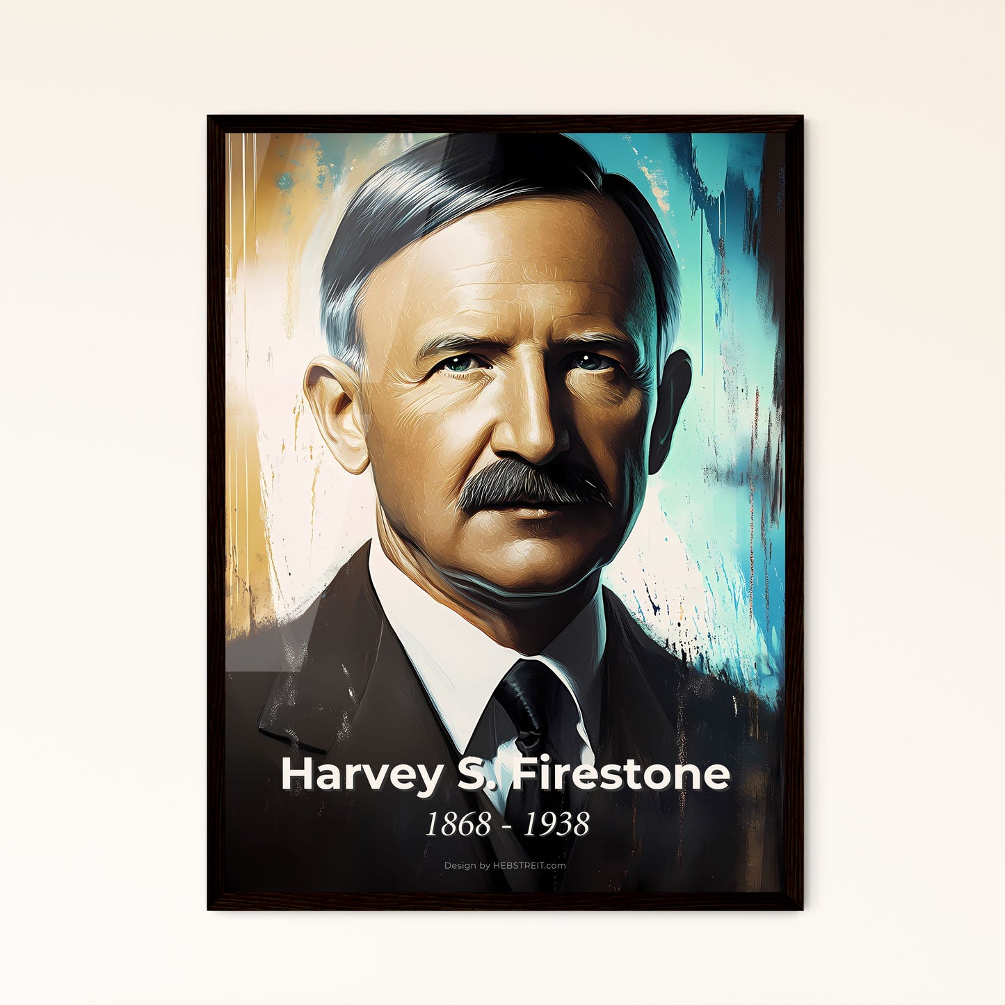 Portrait of Harvey S. Firestone, 1868 - 1938. Impressionistic painting of a man with a mustache wearing a suit and tie.