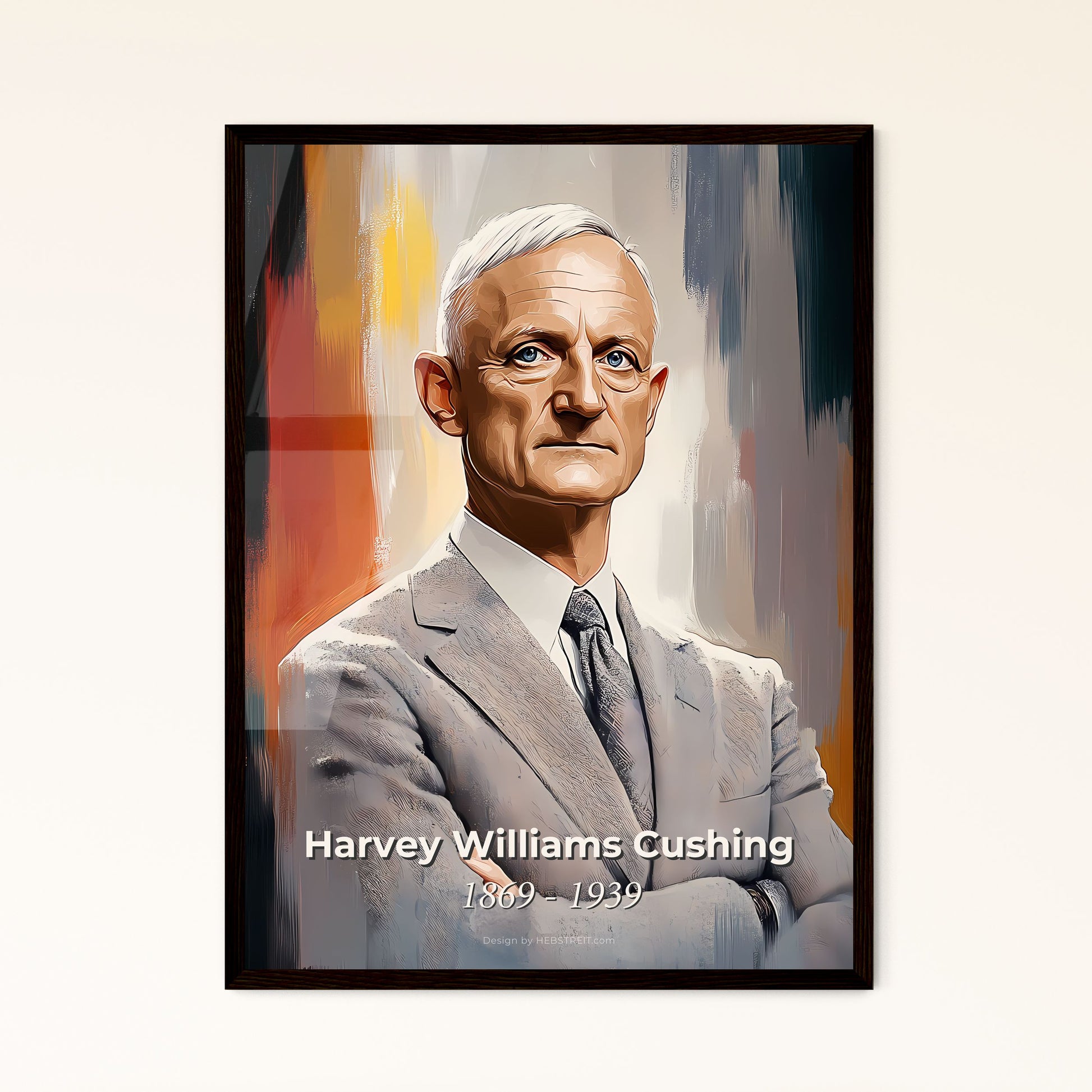 Portrait of Harvey Williams Cushing, 1869 - 1939. Impressionistic painting of a man in a suit with his arms crossed.