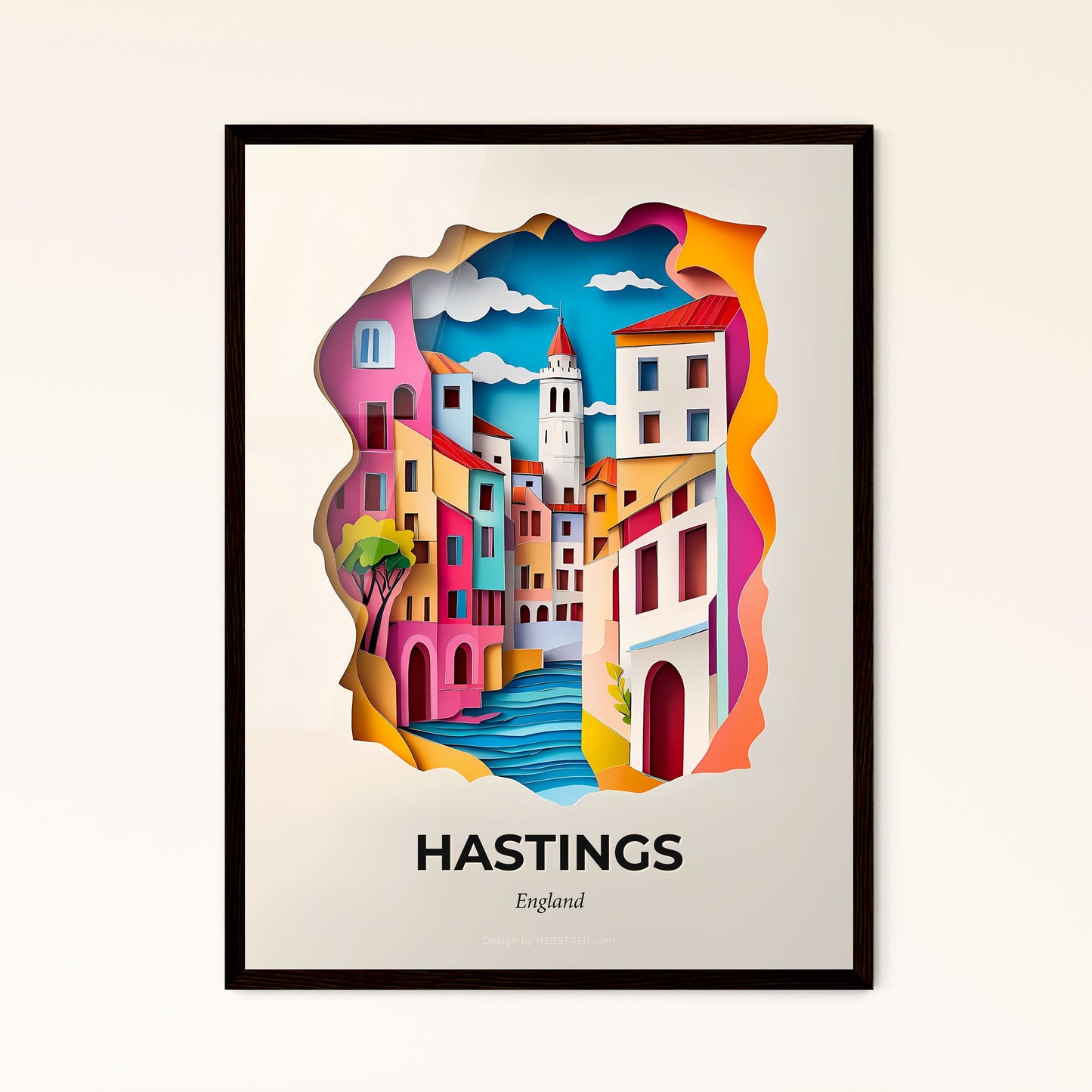 Vivid Hastings, England - a paper cut of a city with a clock tower