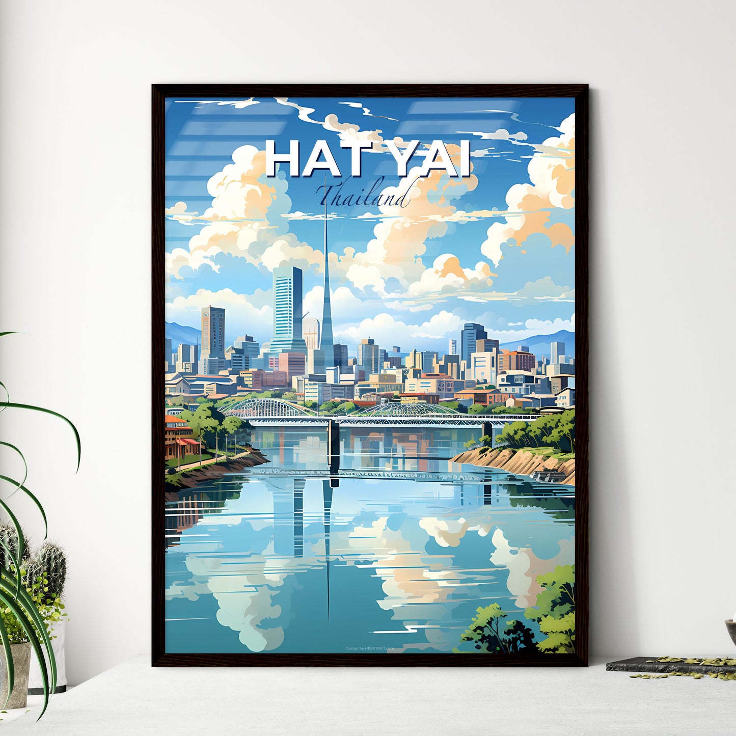 Colorful Cityscape Painting: Hat Yai Thailand Skyline with River and Bridge Default Title