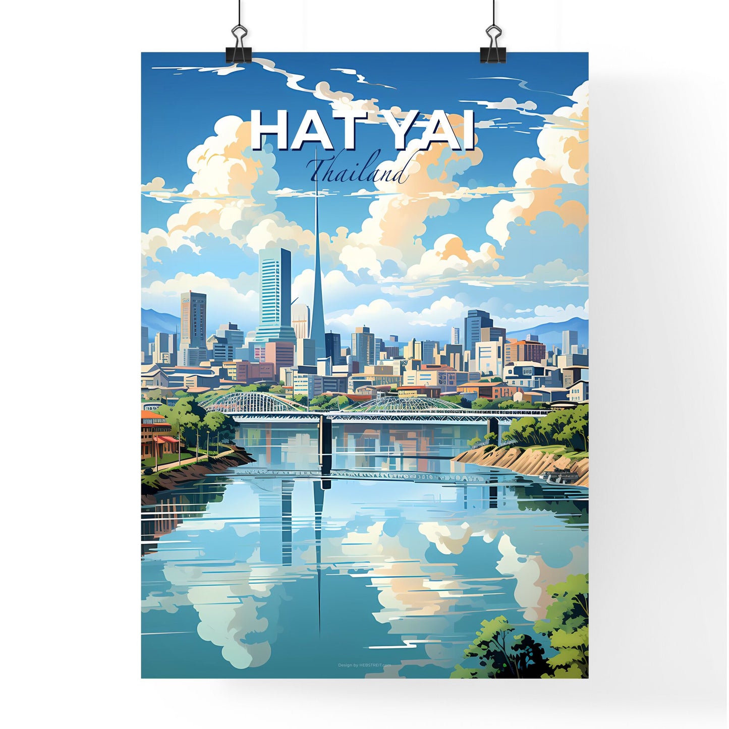 Colorful Cityscape Painting: Hat Yai Thailand Skyline with River and Bridge Default Title