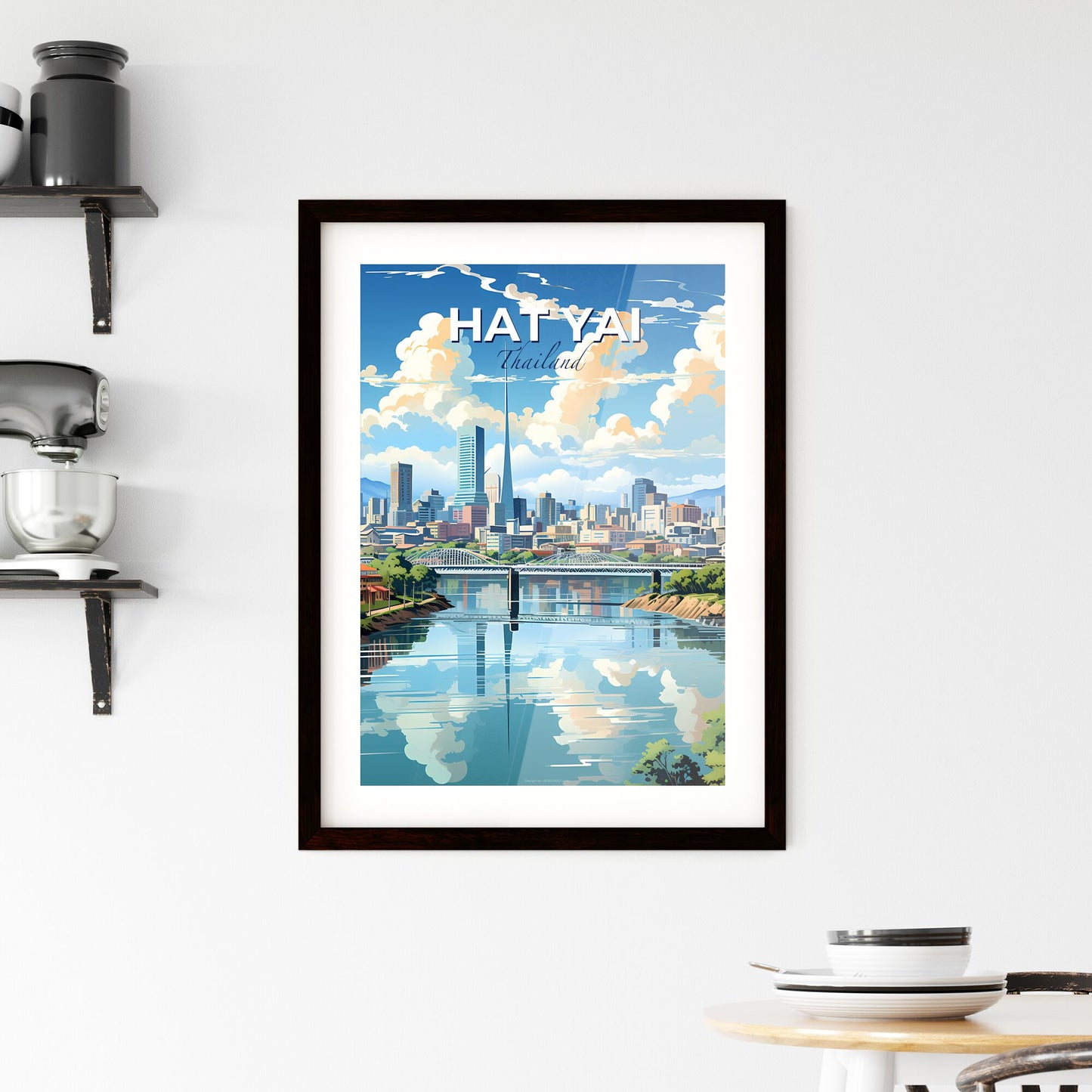 Colorful Cityscape Painting: Hat Yai Thailand Skyline with River and Bridge Default Title