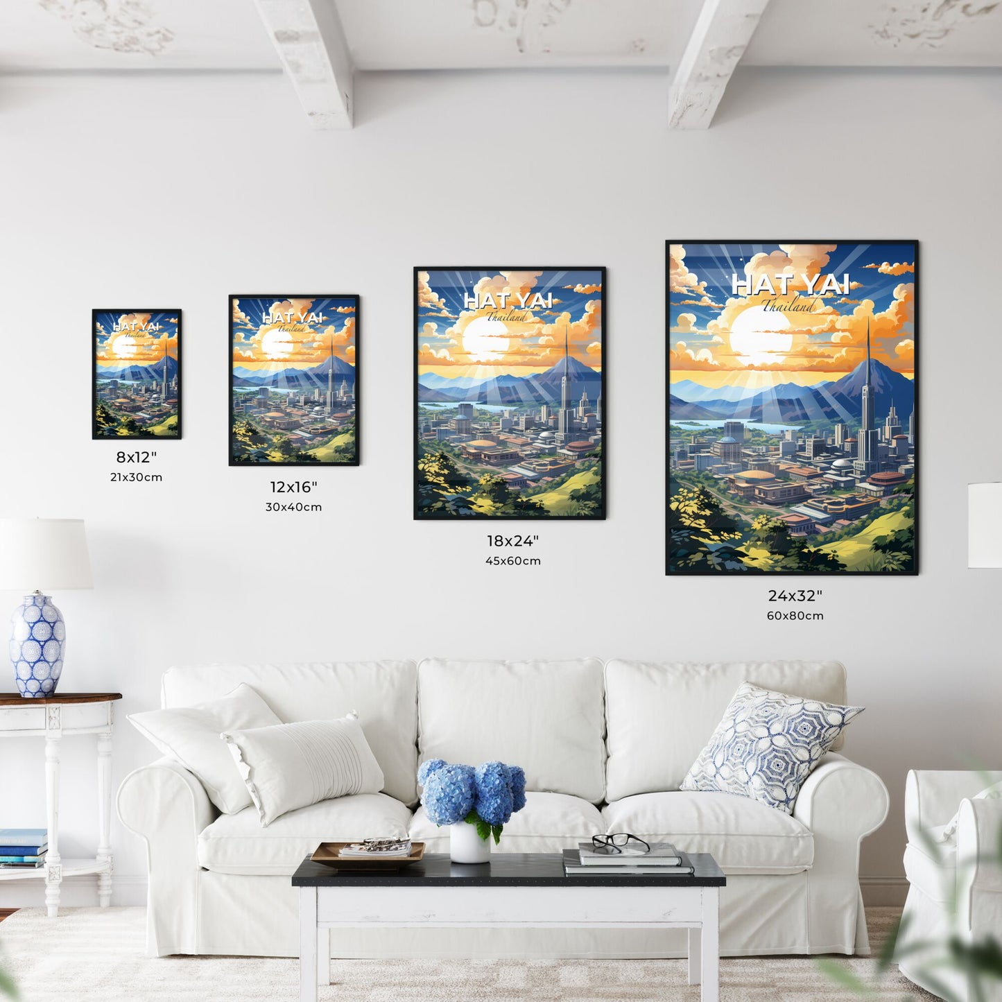 Vibrant Thailand City Painting Skyline City scape Art with Mountains Trees Sun Default Title