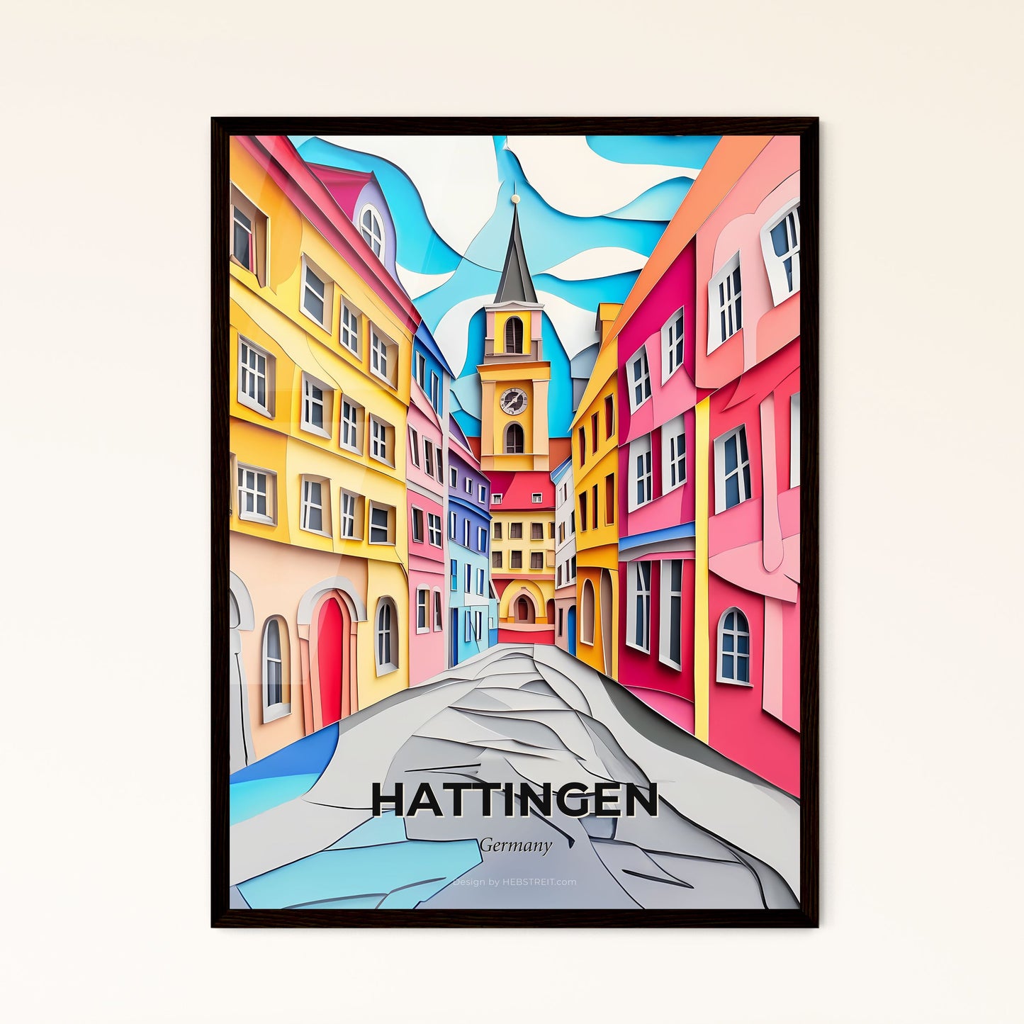 Vivid Hattingen, Germany - a painting of a street with a clock tower