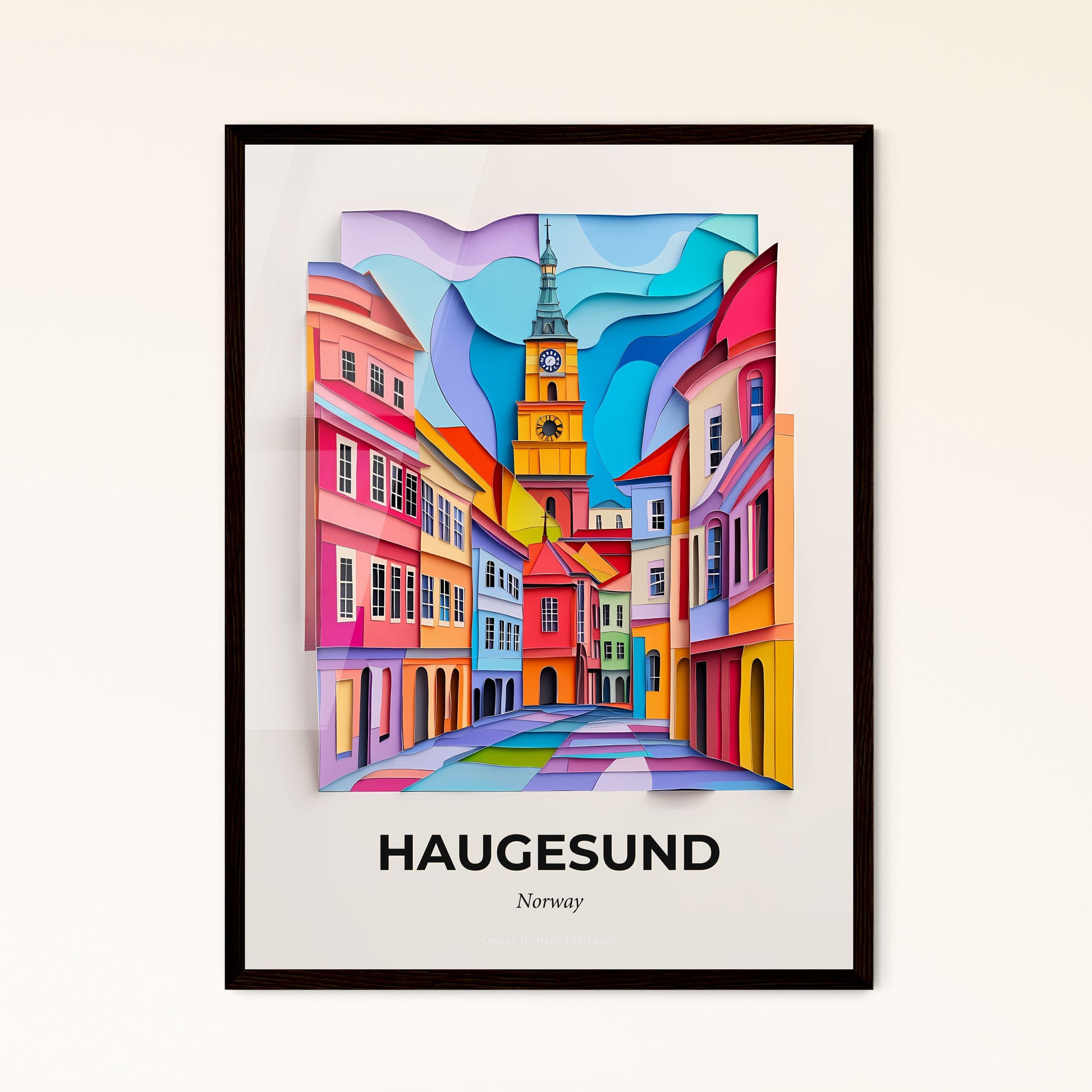 Vivid Haugesund, Norway - a painting of a clock tower in a city