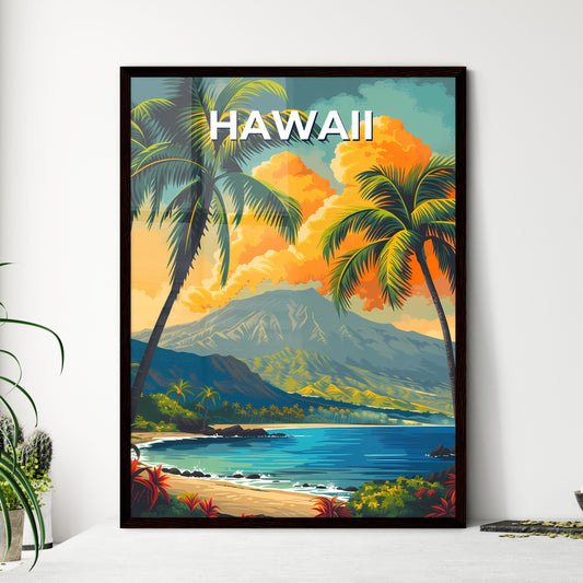 Hawaii Beach Artwork: Vibrant Painting of Palm Trees, Mountains and Ocean