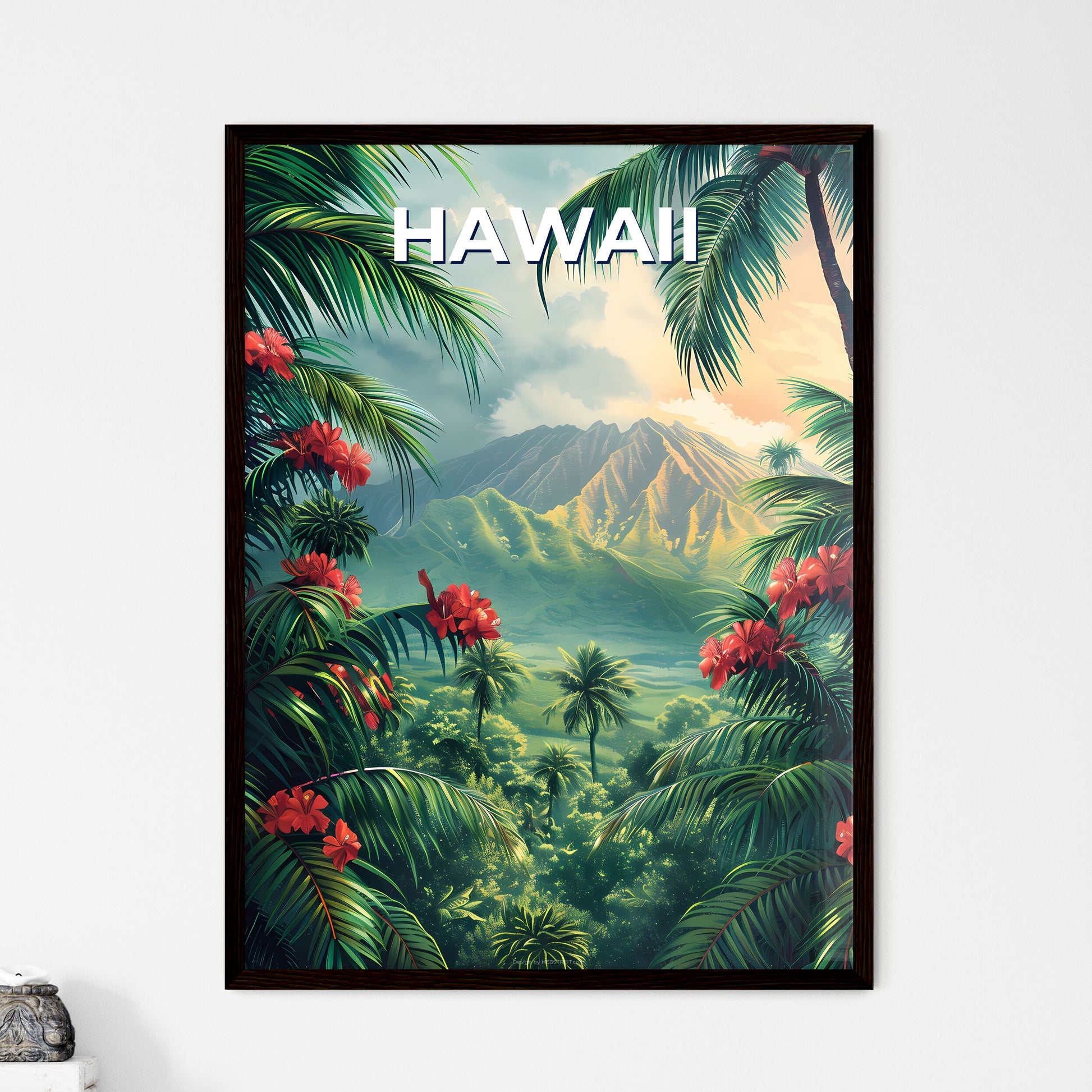 Vibrant Hawaiian Landscape Painting: Palm Trees, Mountains, Tropical Scenery, Artistic Travel