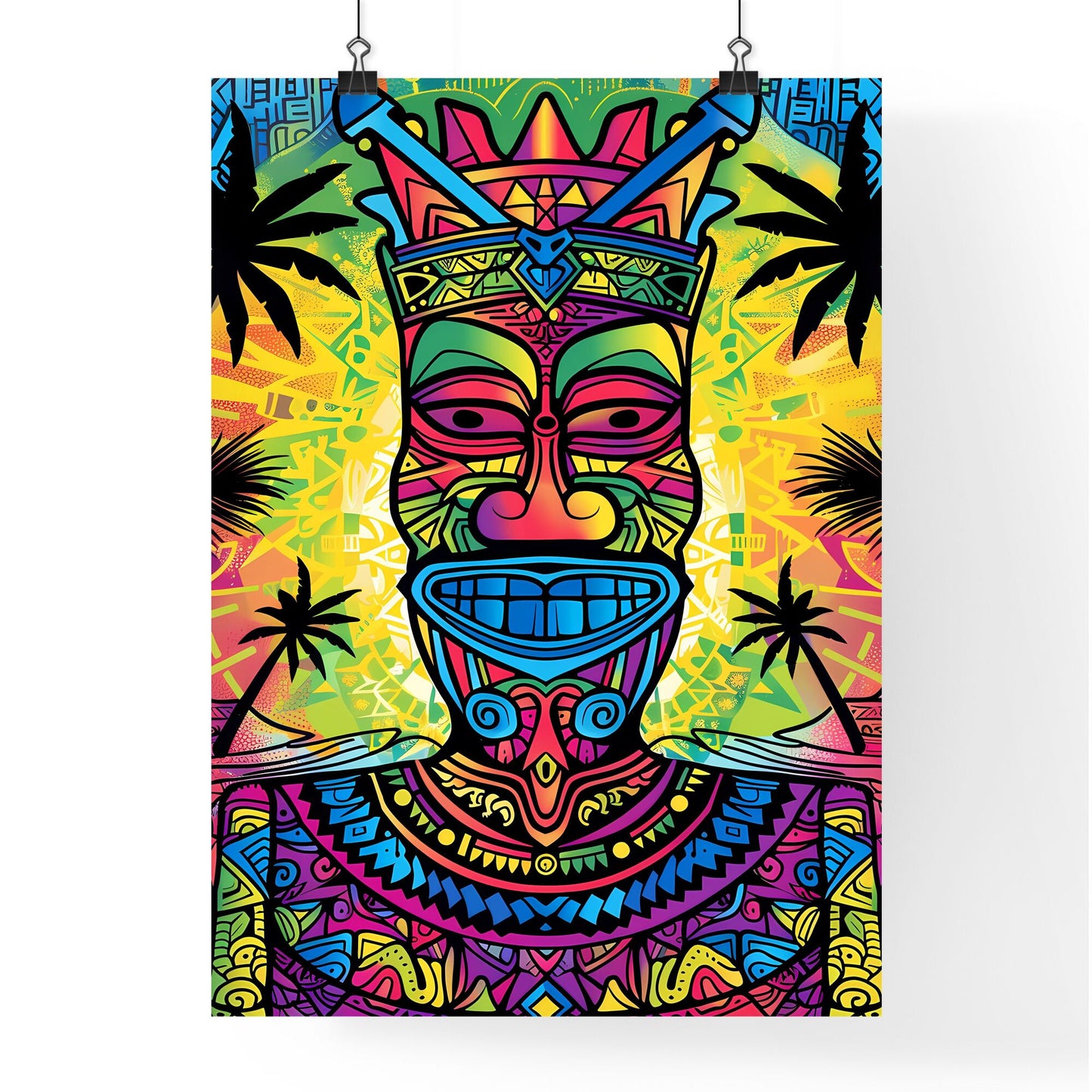 Colorful Hawaiian tribal art print depicting a man in vibrant hues with intricate patterns Default Title