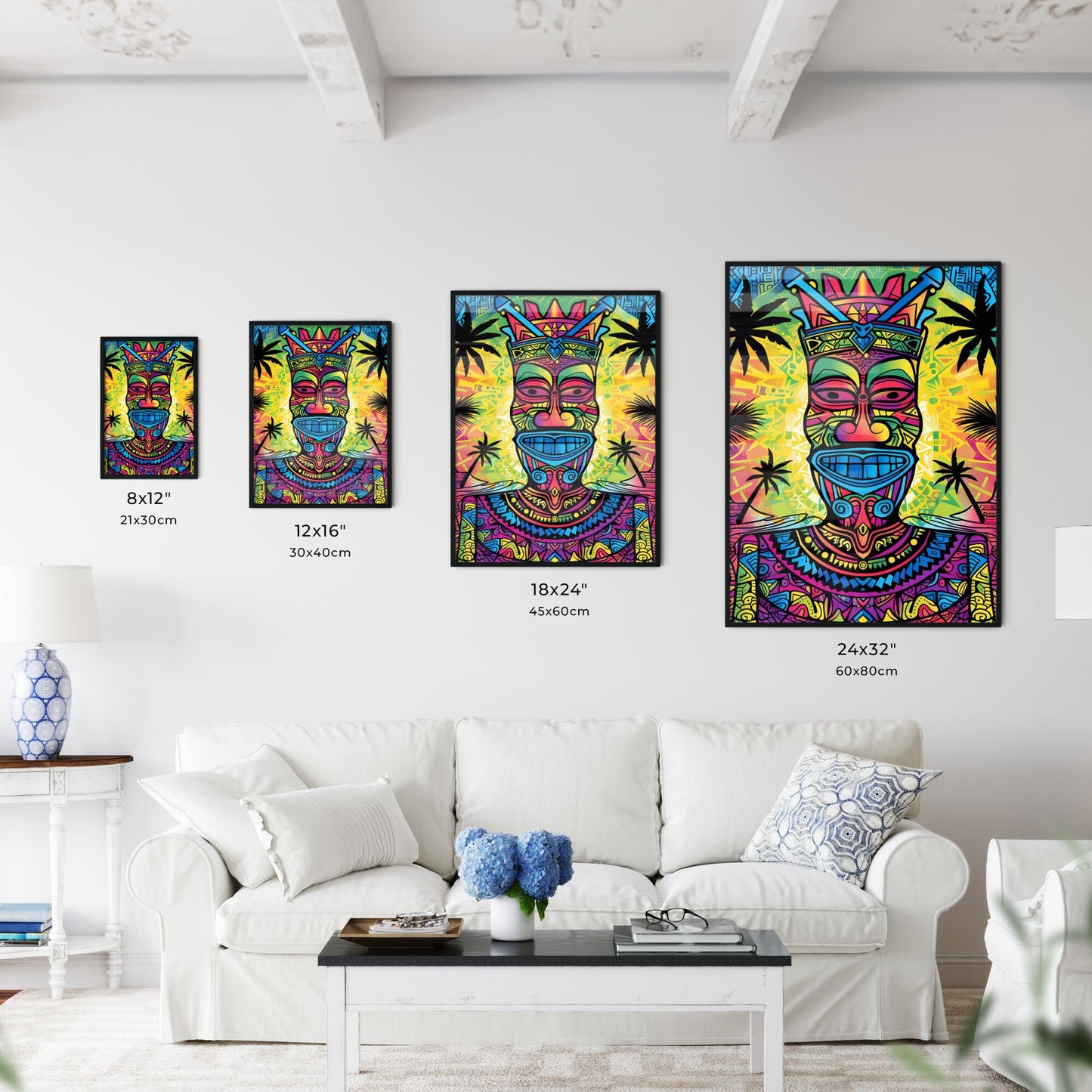 Colorful Hawaiian tribal art print depicting a man in vibrant hues with intricate patterns Default Title