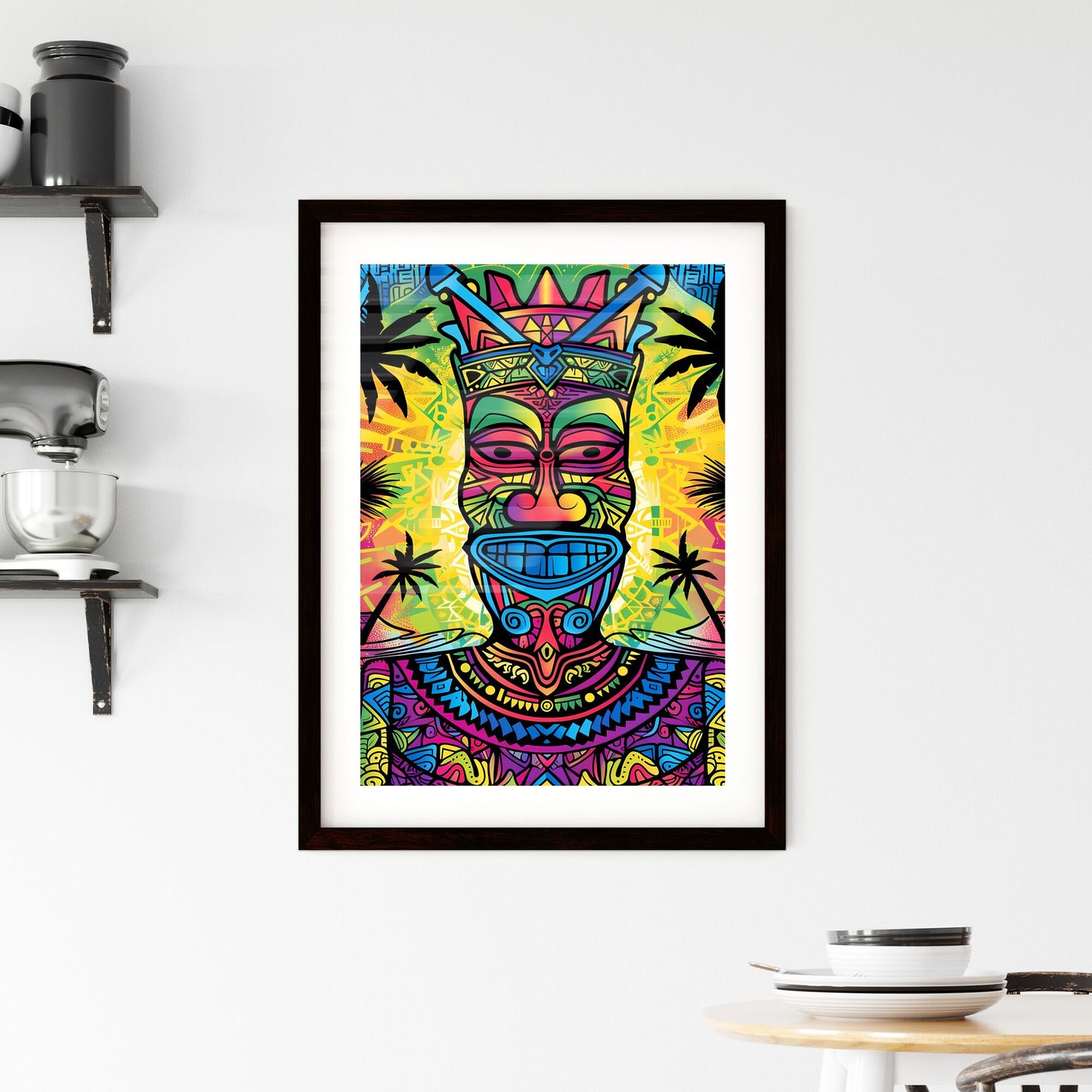 Colorful Hawaiian tribal art print depicting a man in vibrant hues with intricate patterns Default Title