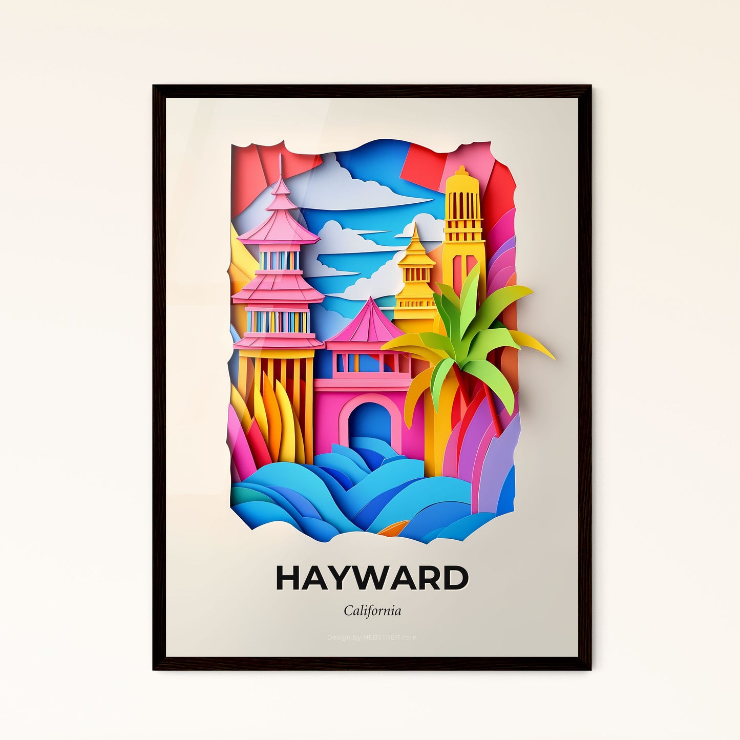 Vivid Hayward, California - a paper cut of a colorful castle and palm tree